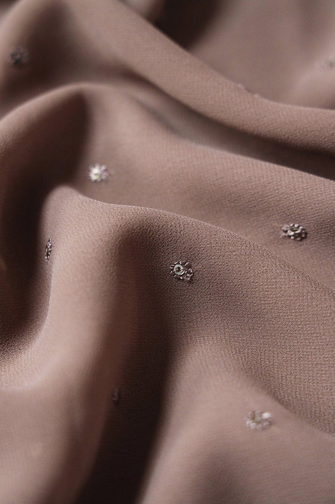 doeraa Embroidery Fabrics 3 Meter Cut Piece Of Gold Sequins Small Motif Embroidery Work On Brown Georgette Fabric