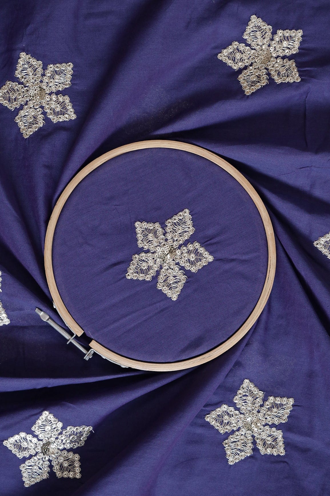 doeraa Embroidery Fabrics 3 Meter Cut Piece Of Gold Sequins With Gold Zari Floral Embroidery Work On Blue Cotton Fabric