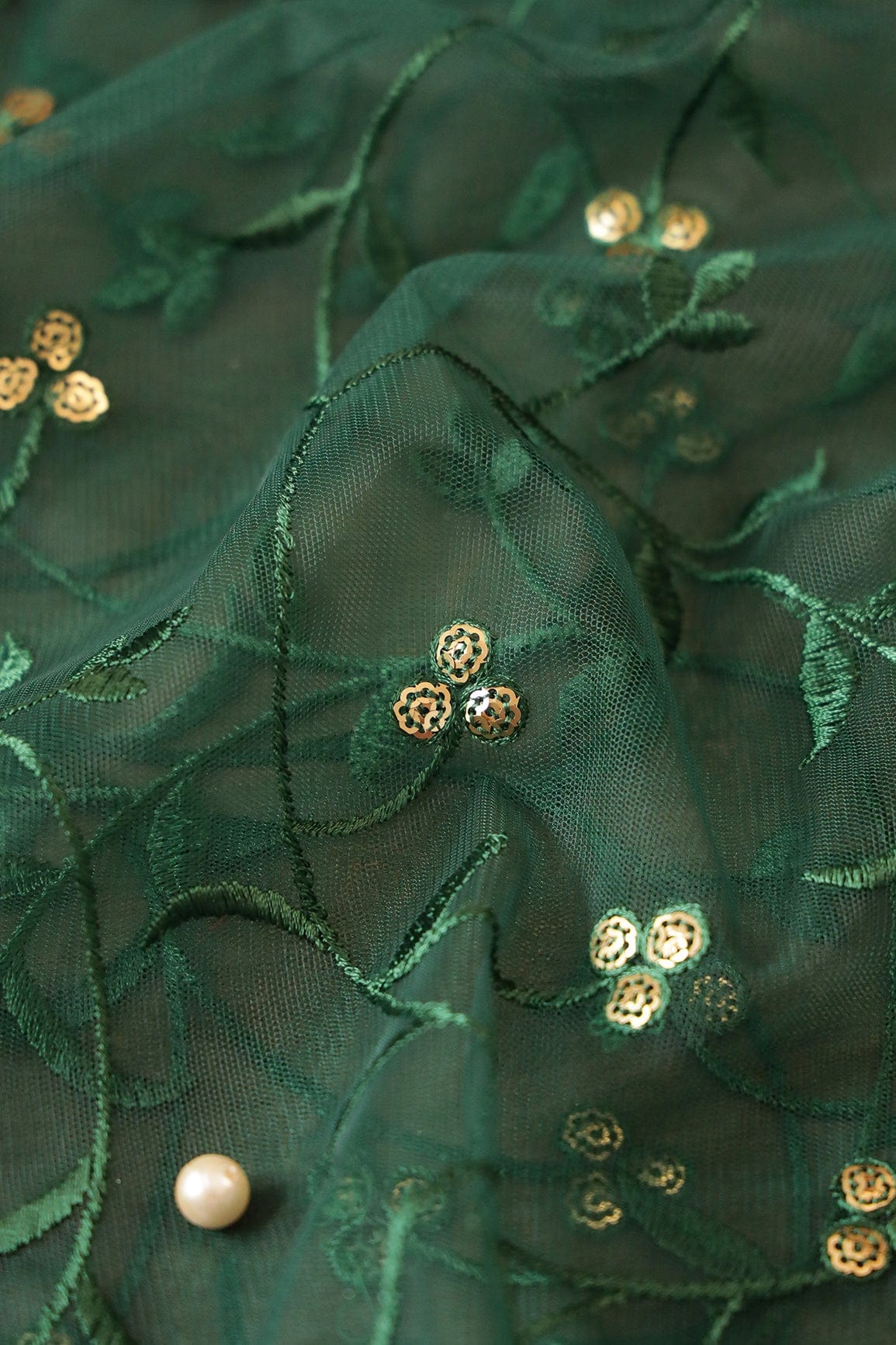 doeraa Embroidery Fabrics 3 Meter Cut Piece Of Gold Sequins With Green Thread Beautiful Floral Embroidery Work On Bottle Green Soft Net Fabric