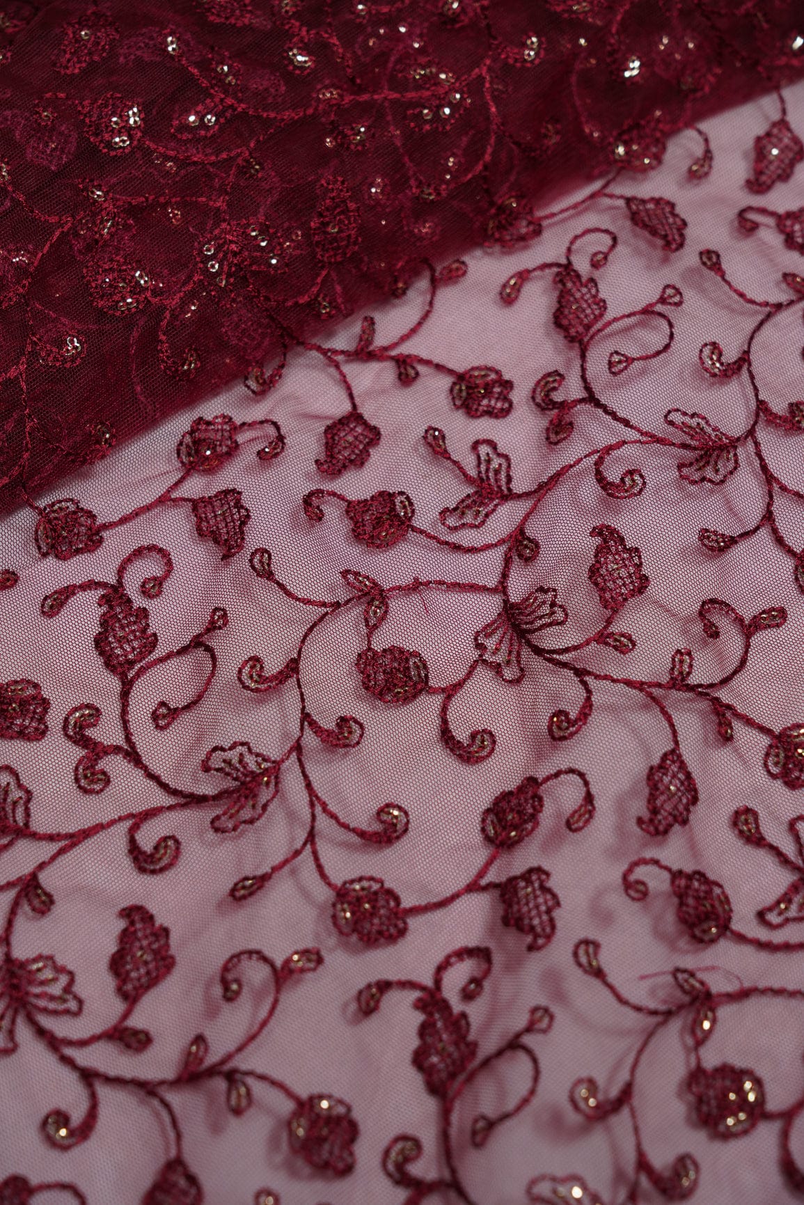 doeraa Embroidery Fabrics 3 Meter Cut Piece Of Gold Sequins With Maroon Thread Embroidery Work On Maroon Soft Net Fabric