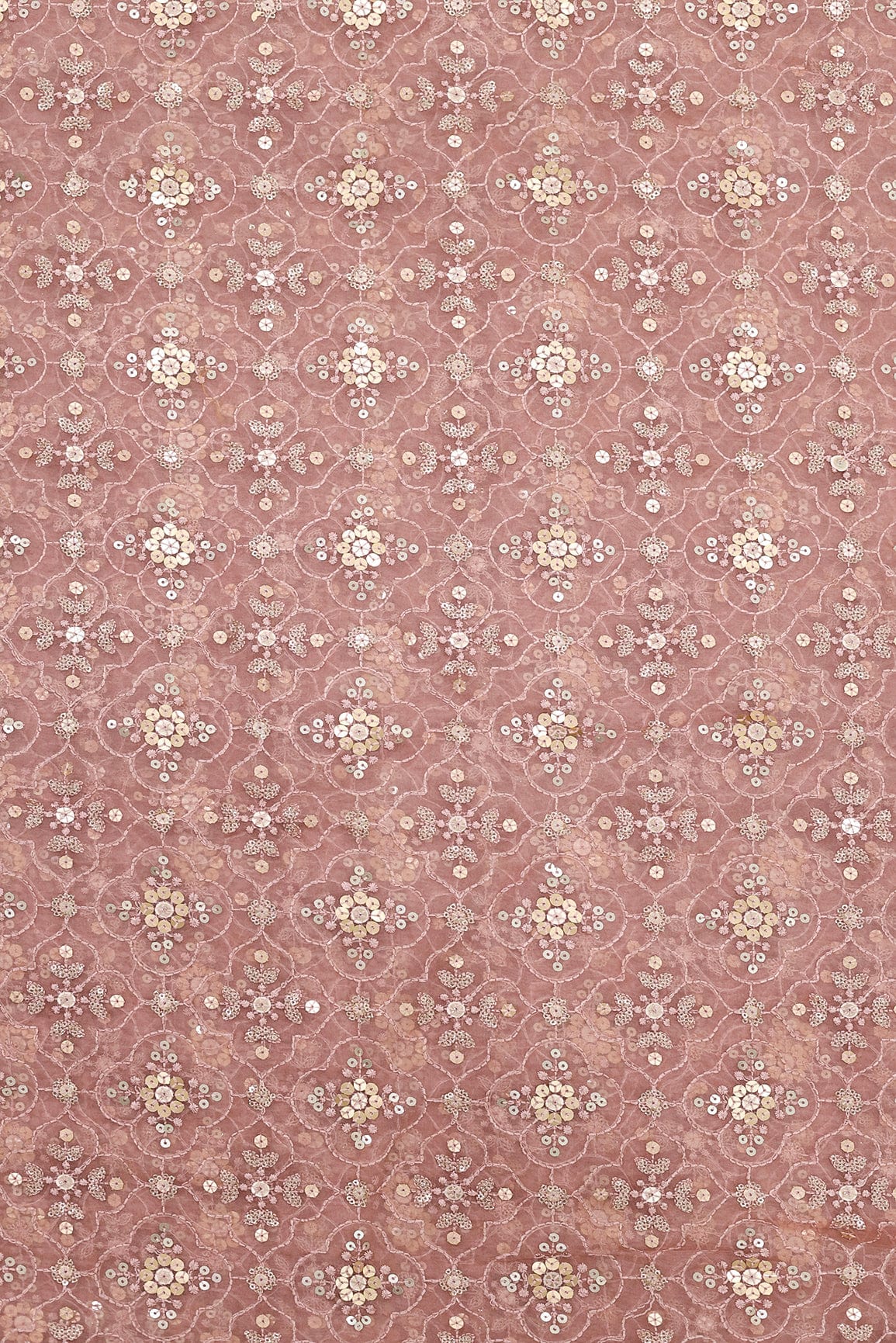 doeraa Embroidery Fabrics 3 Meter Cut Piece Of Gold Sequins With Pink Thread Embroidery On Pink Organza Fabric