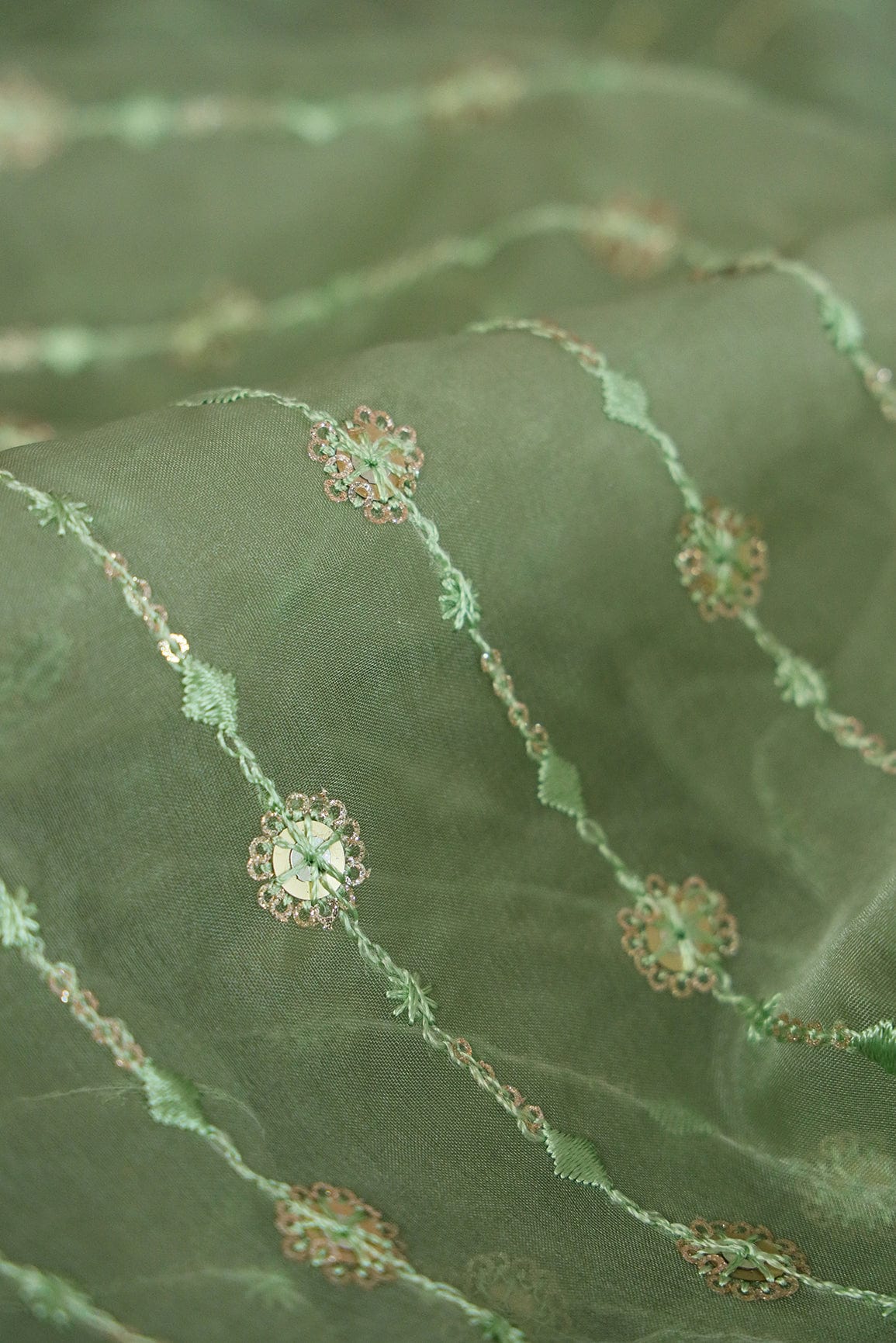 doeraa Embroidery Fabrics 3 Meter Cut Piece Of Gold Sequins With Thread Embroidery On Olive Green Organza Fabric