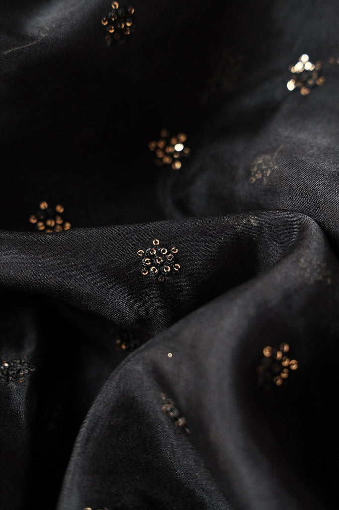 doeraa Embroidery Fabrics 3 Meter Cut Piece Of Gold Sequins With Thread Small Motif Embroidery On Black Organza Fabric