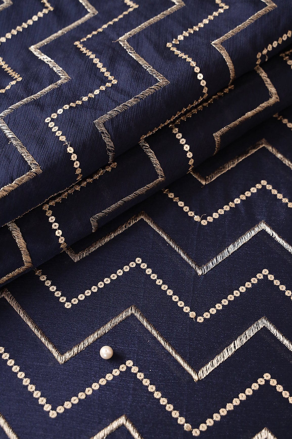 doeraa Embroidery Fabrics 3 Meter Cut Piece Of Gold Zari With Gold Sequins Chevron Embroidery Work On Navy Blue Chinnon Chiffon Fabric