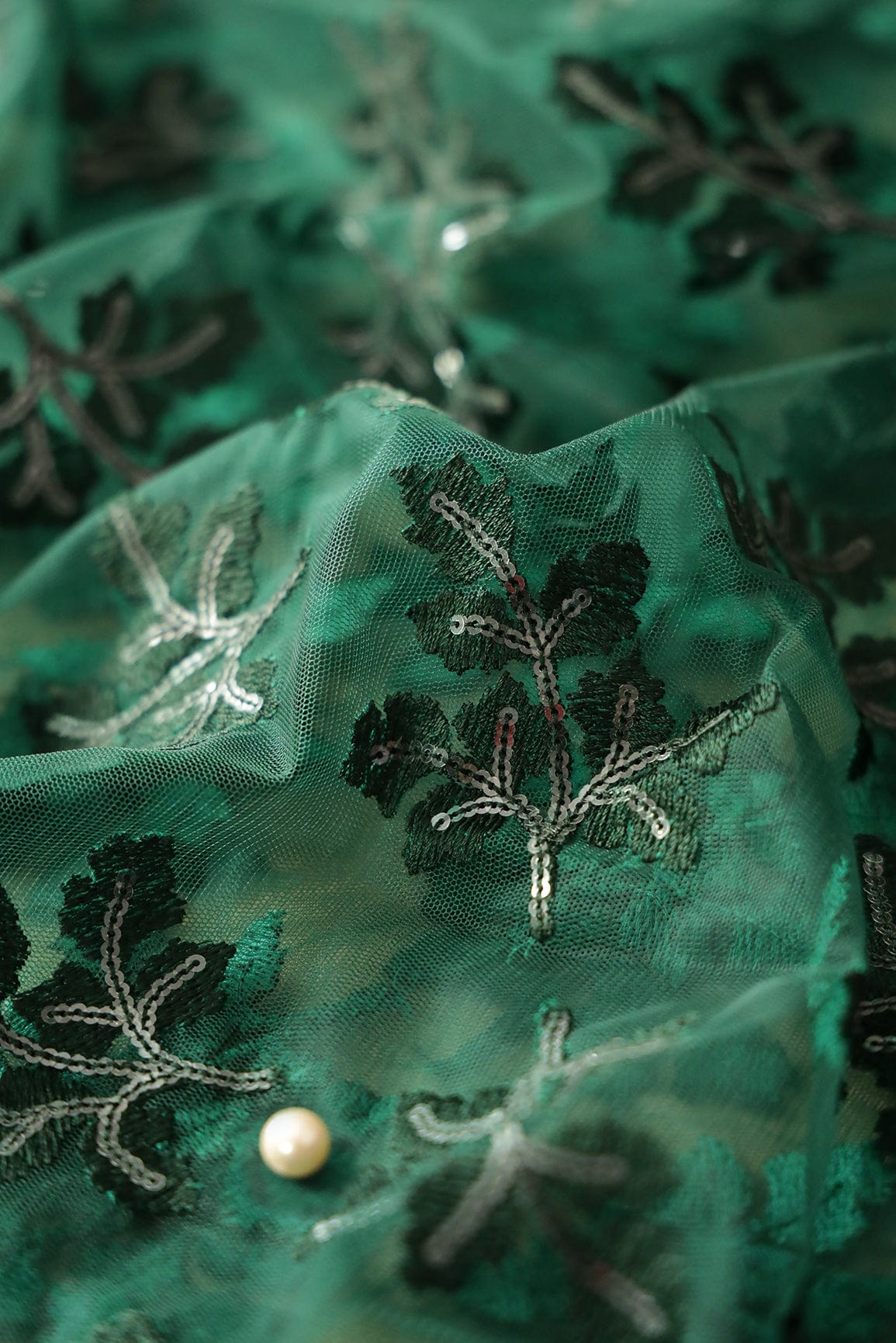 doeraa Embroidery Fabrics 3 Meter Cut Piece Of Green Thread With Sequins Leafy Embroidery Work On Bottle Green Soft Net Fabric