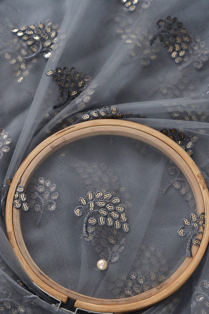 doeraa Embroidery Fabrics 3 Meter Cut Piece Of Grey Thread With Gold Sequins Leafy Embroidery Work On Grey Soft Net Fabric