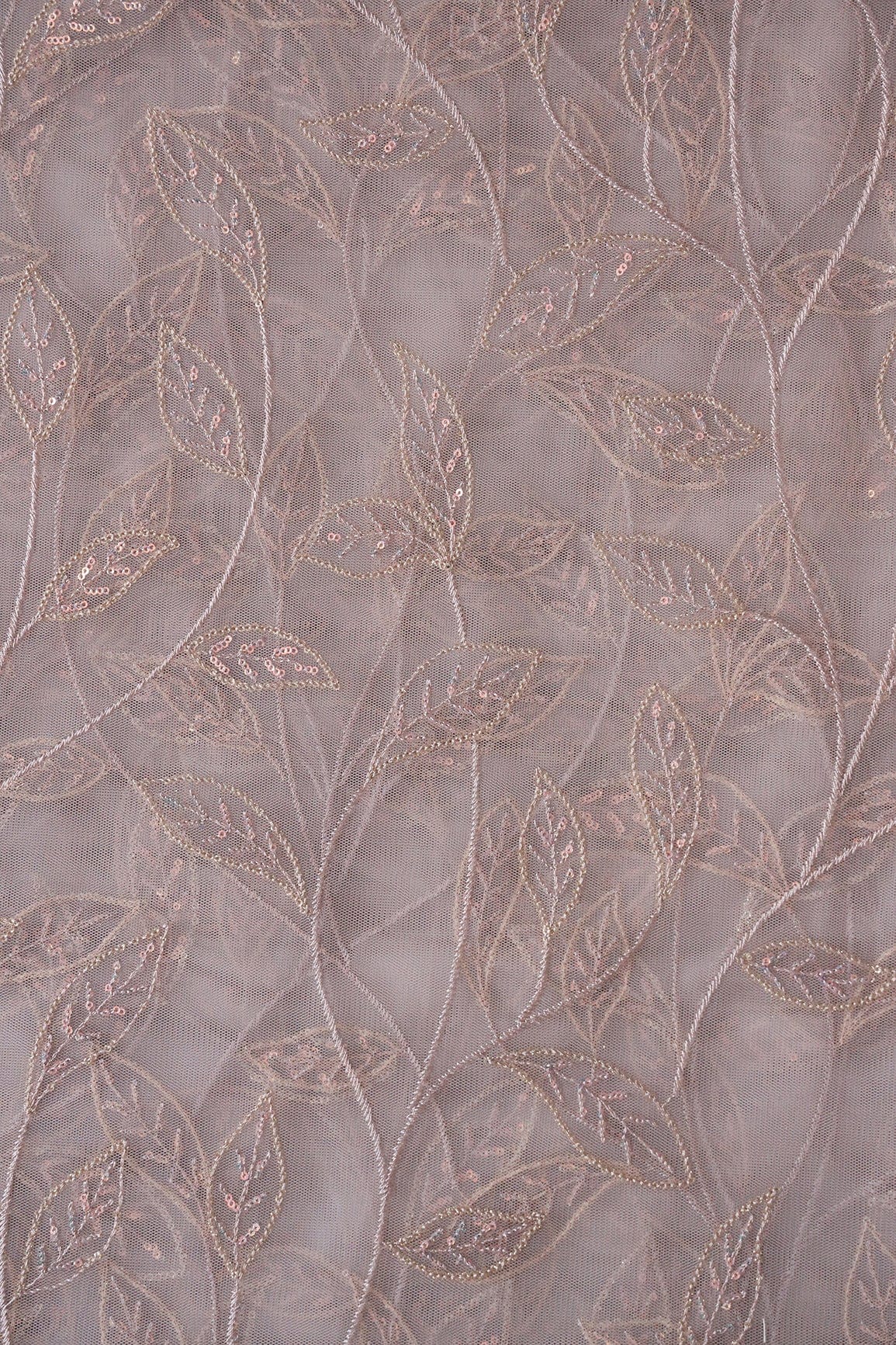 doeraa Embroidery Fabrics 3 Meter Cut Piece Of Grey Thread With Sequins Beautiful Leafy Embroidery On Grey Soft Net Fabric