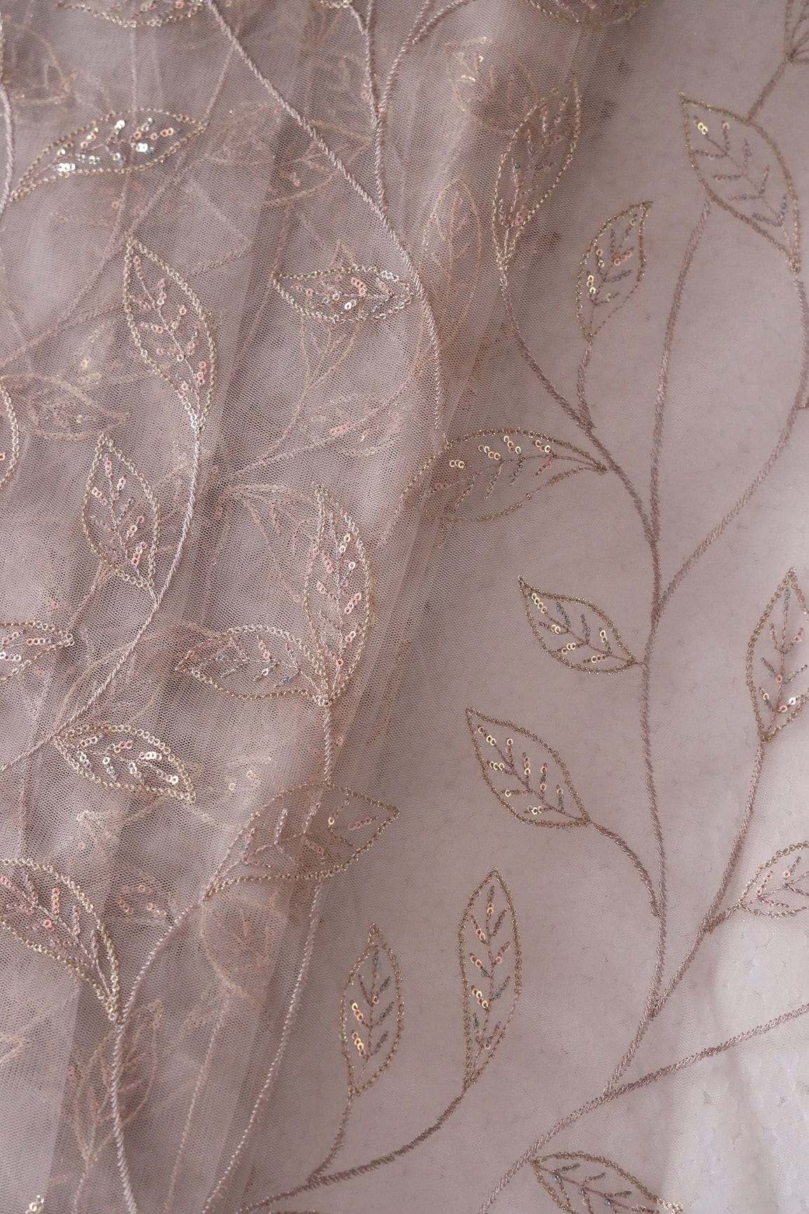 doeraa Embroidery Fabrics 3 Meter Cut Piece Of Grey Thread With Sequins Beautiful Leafy Embroidery On Grey Soft Net Fabric