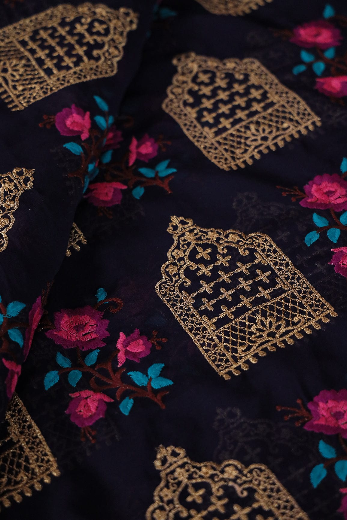 doeraa Embroidery Fabrics 3 Meter Cut Piece Of Heavy Multi Thread With Gold Zari Floral Zari Embroidery On Navy Blue Georgette Fabric