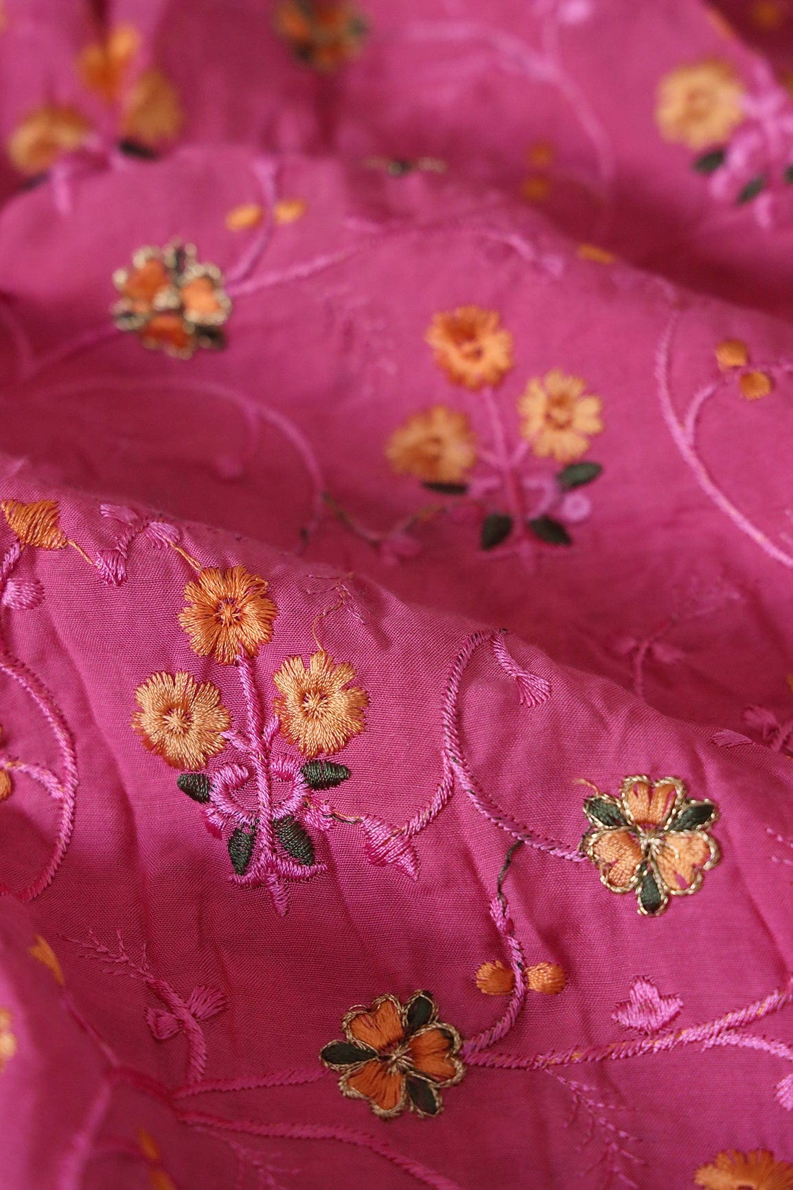 doeraa Embroidery Fabrics 3 Meter Cut Piece Of Mustard And Olive Thread Floral Embroidery On Pink Muslin Silk Fabric