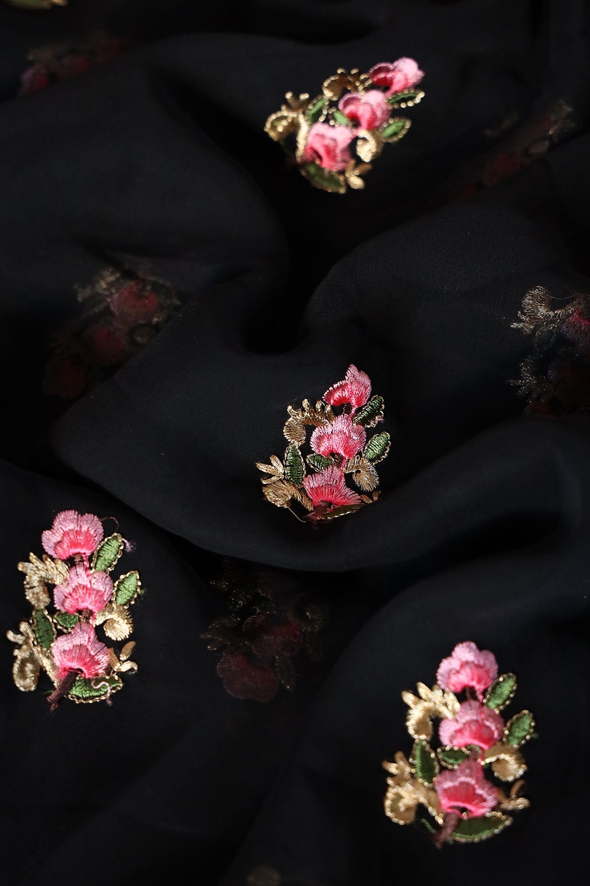 doeraa Embroidery Fabrics 3 Meter Cut Piece Of Pink And Olive Thread With Gold Zari Floral Embroidery On Black Georgette Fabric