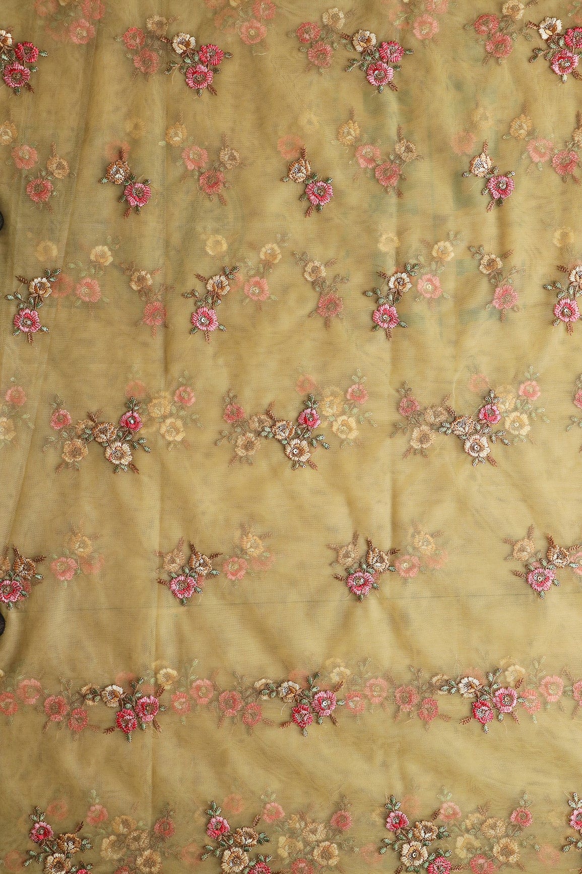 doeraa Embroidery Fabrics 4.50 Meter Cut Piece Of Multi Thread With Sequins Floral Embroidery On Yellow Soft Net Fabric