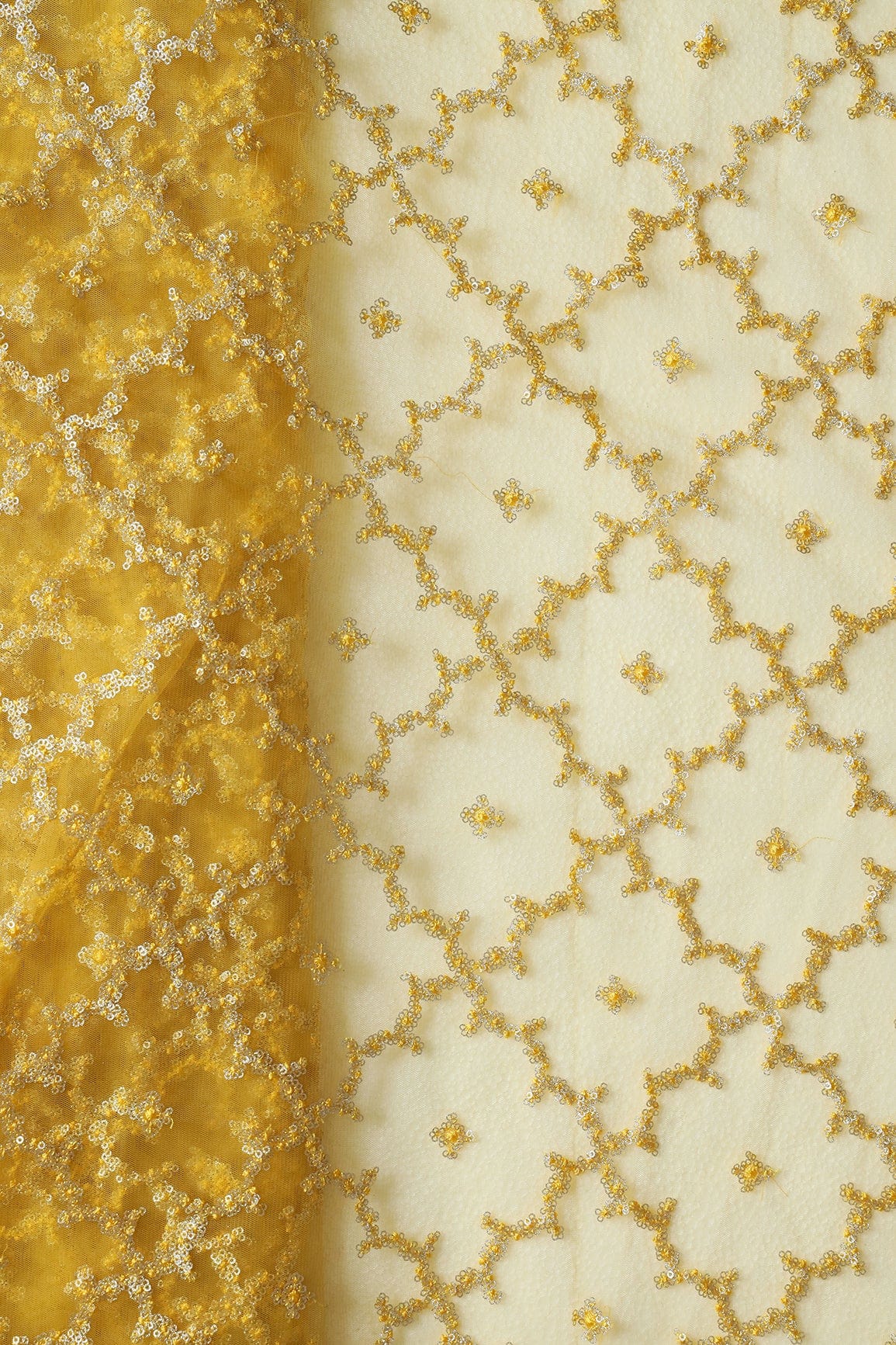 doeraa Embroidery Fabrics 4 Meter Cut Piece Of Glitter Sequins With Yellow Thread Geometric Embroidery On Yellow Soft Net