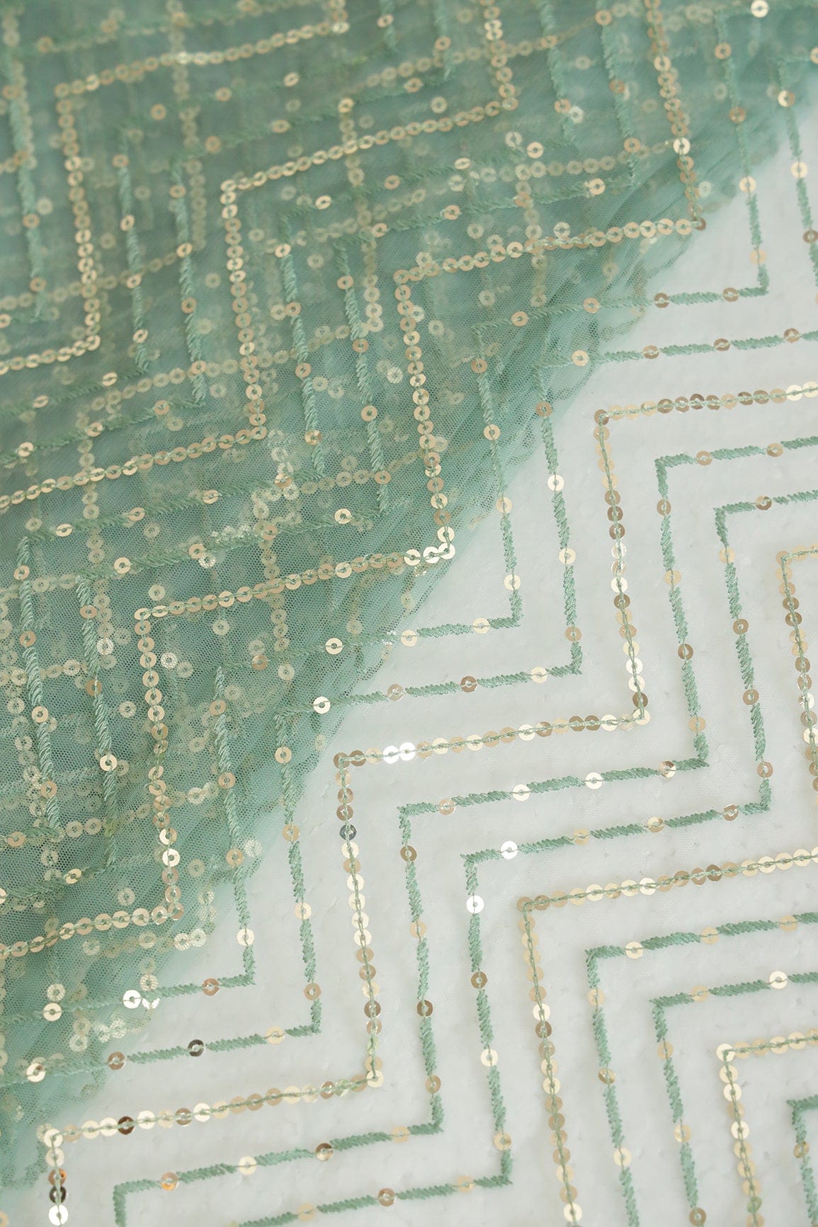 doeraa Embroidery Fabrics 4 Meter Cut Piece Of Gold Sequins With Olive Thread Chevron Embroidery Work On Olive Soft Net Fabric