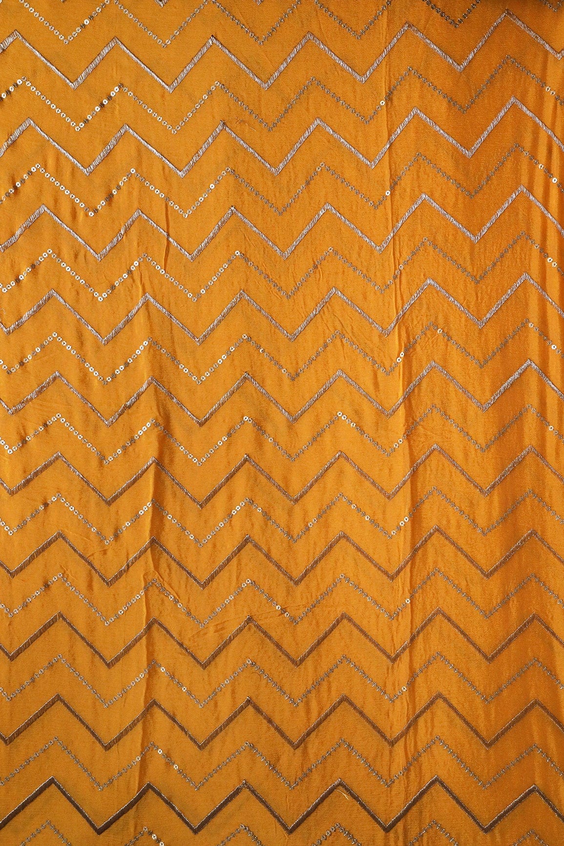 doeraa Embroidery Fabrics 4 Meter Cut Piece Of Gold Zari With Gold Sequins Chevron Embroidery Work On Yellow Chinnon Chiffon Fabric