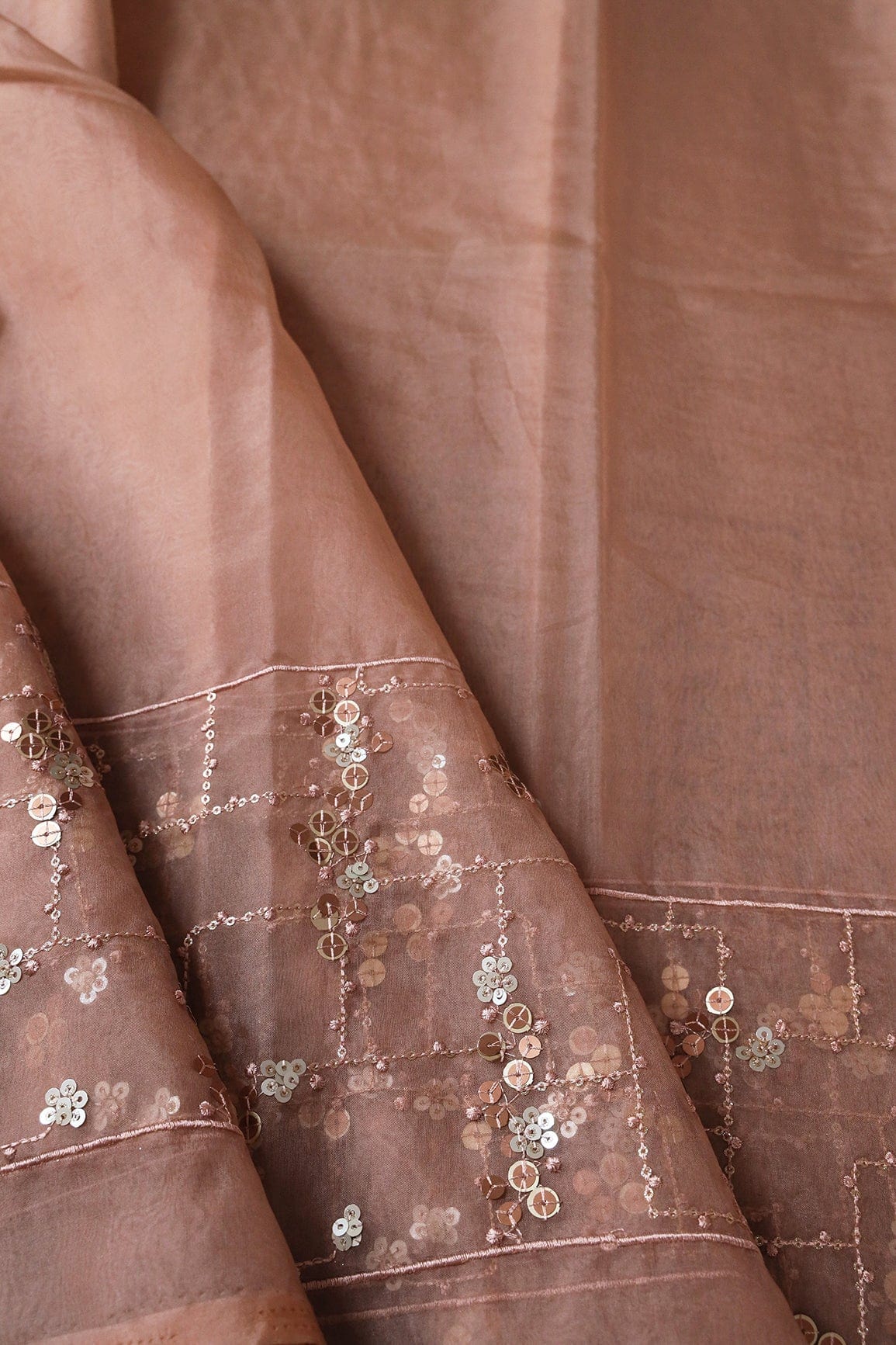 doeraa Embroidery Fabrics 4 Meter Cut Piece Of Multi Sequins With Thread Embroidery On Dusty Peach Organza Fabric
