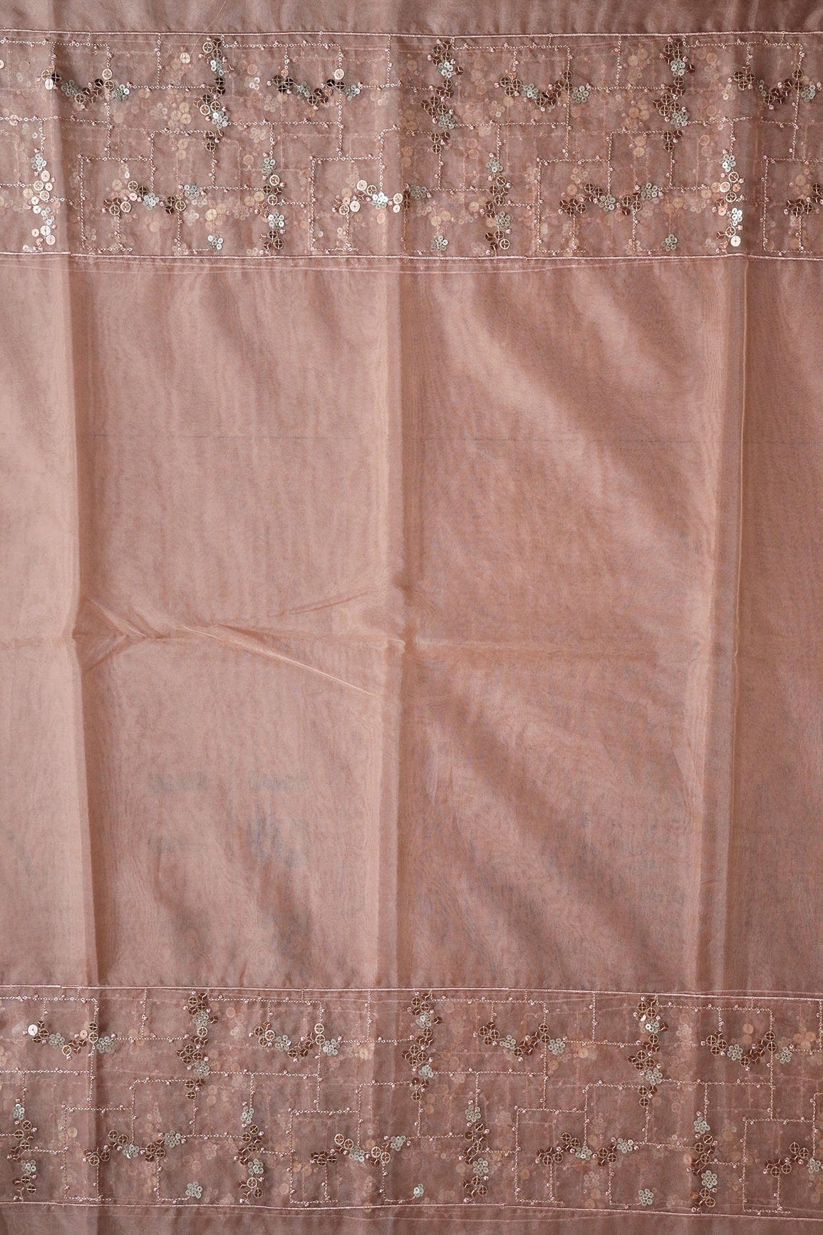 doeraa Embroidery Fabrics 4 Meter Cut Piece Of Multi Sequins With Thread Embroidery On Dusty Peach Organza Fabric