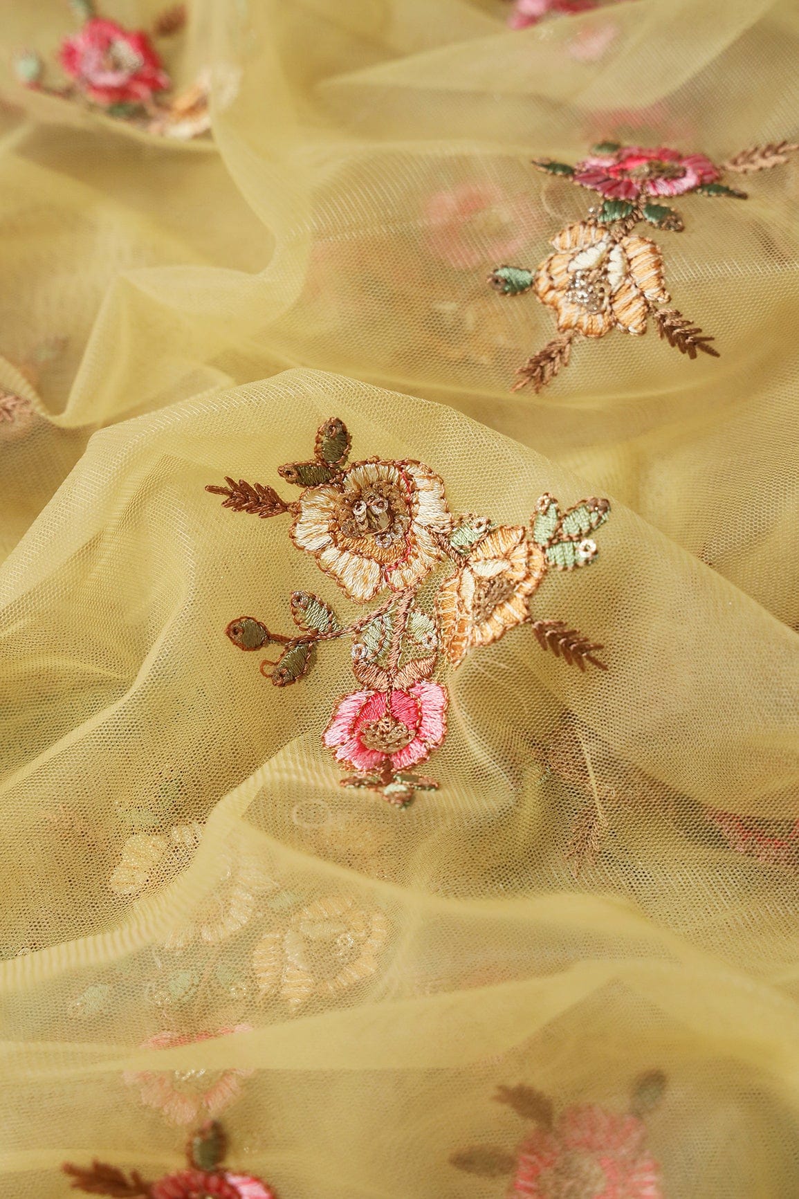doeraa Embroidery Fabrics 4 Meter Cut Piece Of Multi Thread With Sequins Floral Embroidery On Yellow Soft Net Fabric