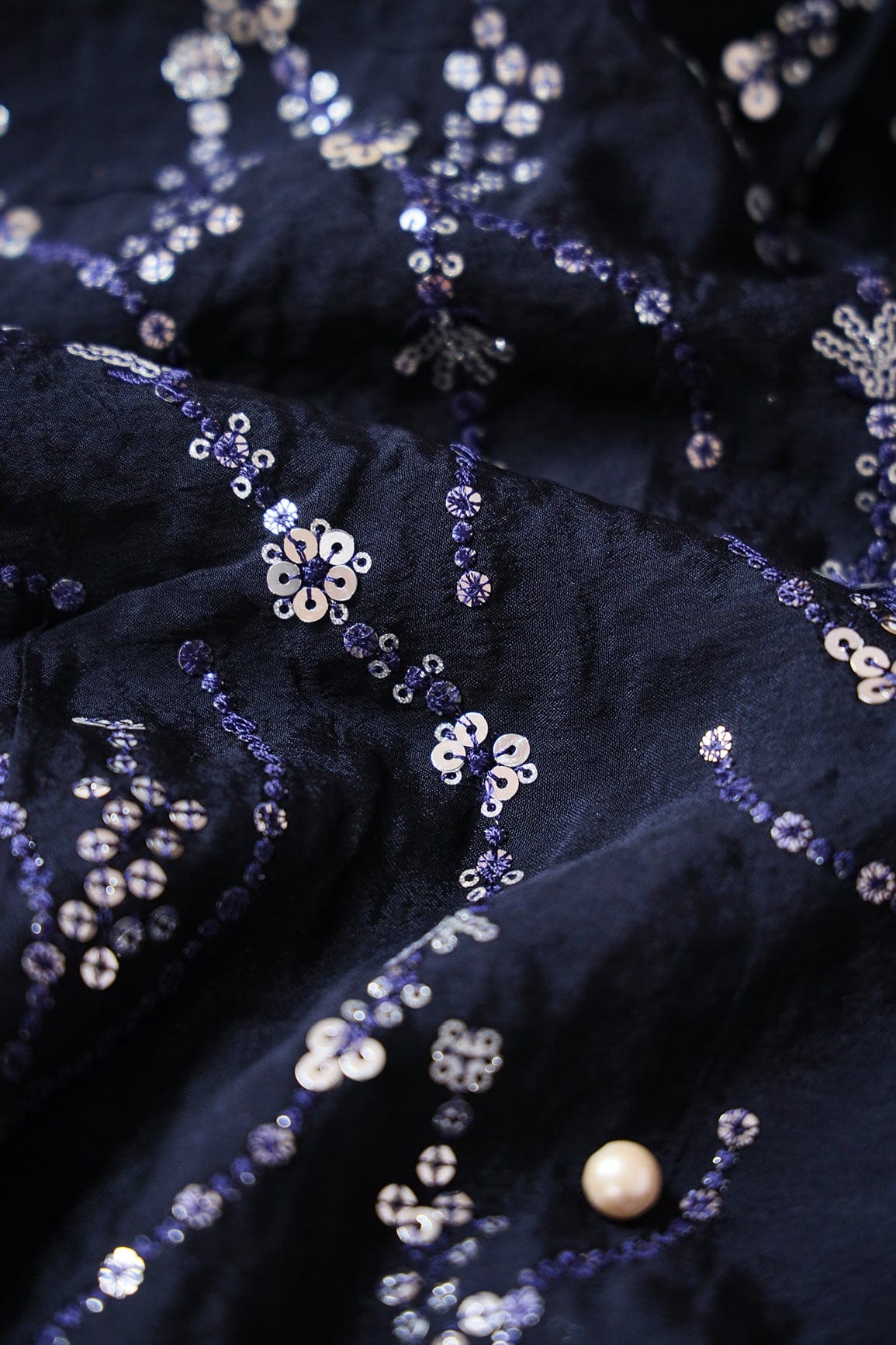 doeraa Embroidery Fabrics 4 Meter Cut Piece Of Silver Sequins With Navy Blue Thread Abstract Embroidery On Dark Navy Blue Soft Net Fabric