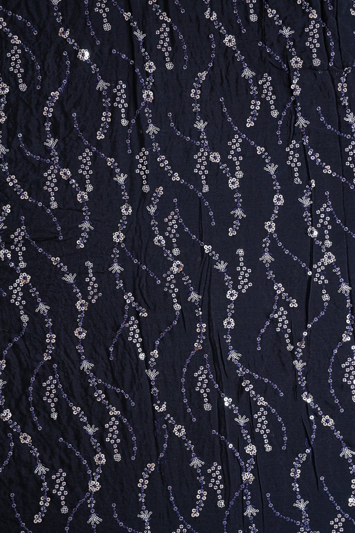 doeraa Embroidery Fabrics 4 Meter Cut Piece Of Silver Sequins With Navy Blue Thread Abstract Embroidery On Dark Navy Blue Soft Net Fabric