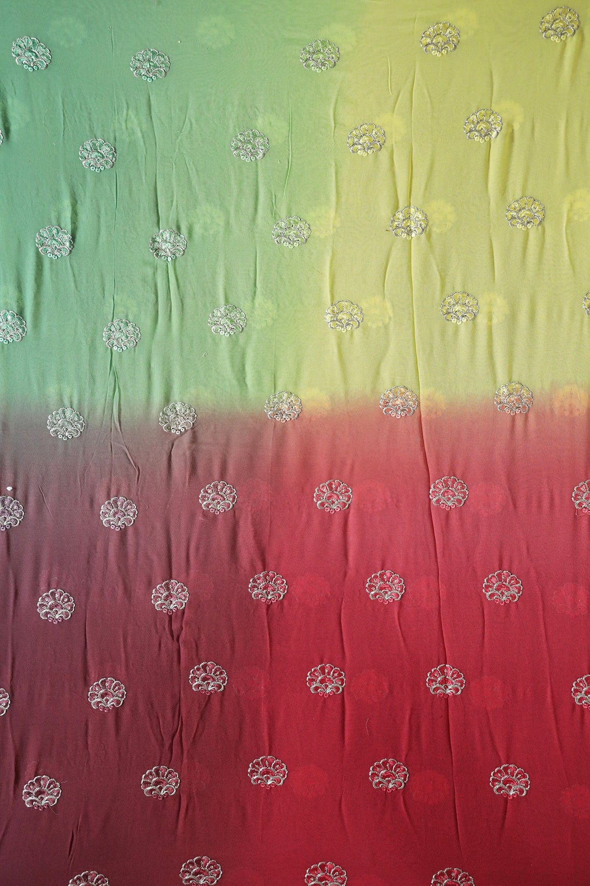 doeraa Embroidery Fabrics 4 Meter Cut Piece Of Silver Zari With Thread Floral Butta Embroidery On Multi Color Viscose Georgette Fabric