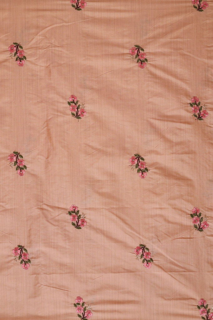 doeraa Embroidery Fabrics 5 Meter Cut Piece Of Pink And Olive Thread Floral Embroidery Work On Peach Bamboo Silk Fabric