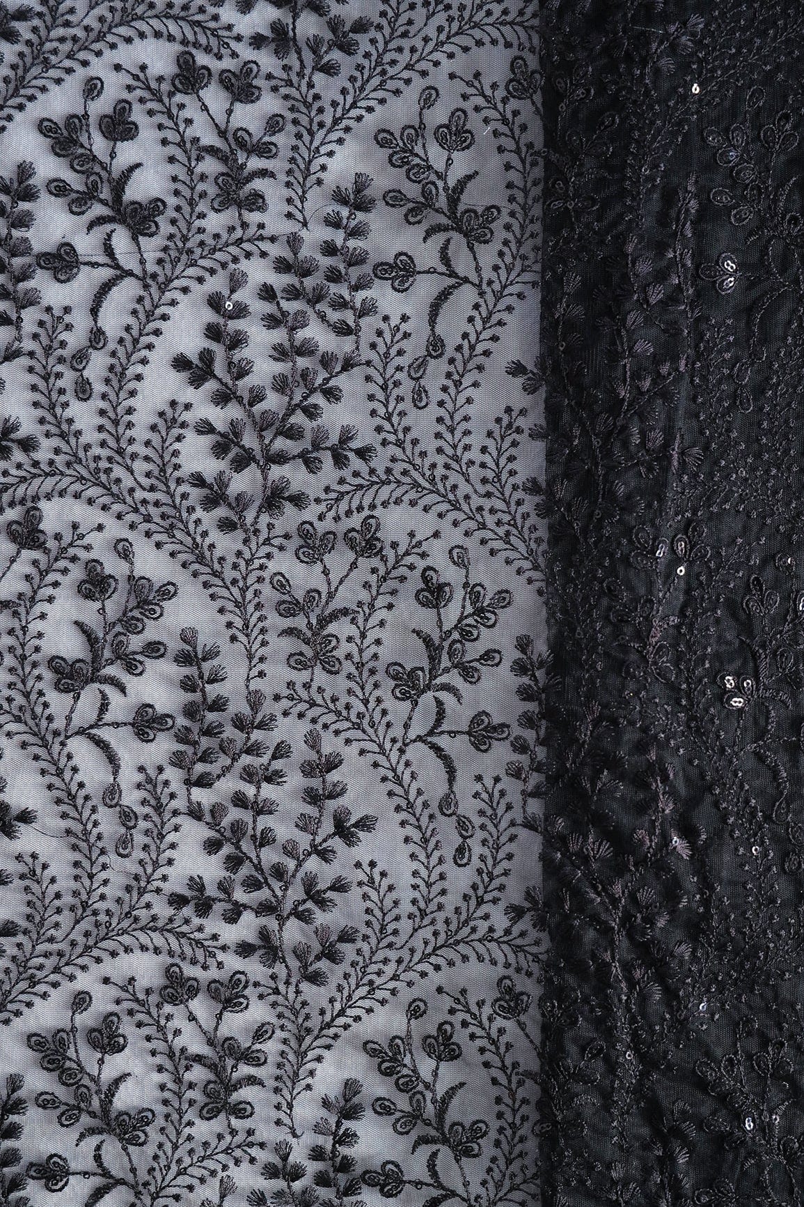 doeraa Embroidery Fabrics Beautiful Black Thread With Sequins Floral Embroidery Work On Black Soft Net Fabric With Border