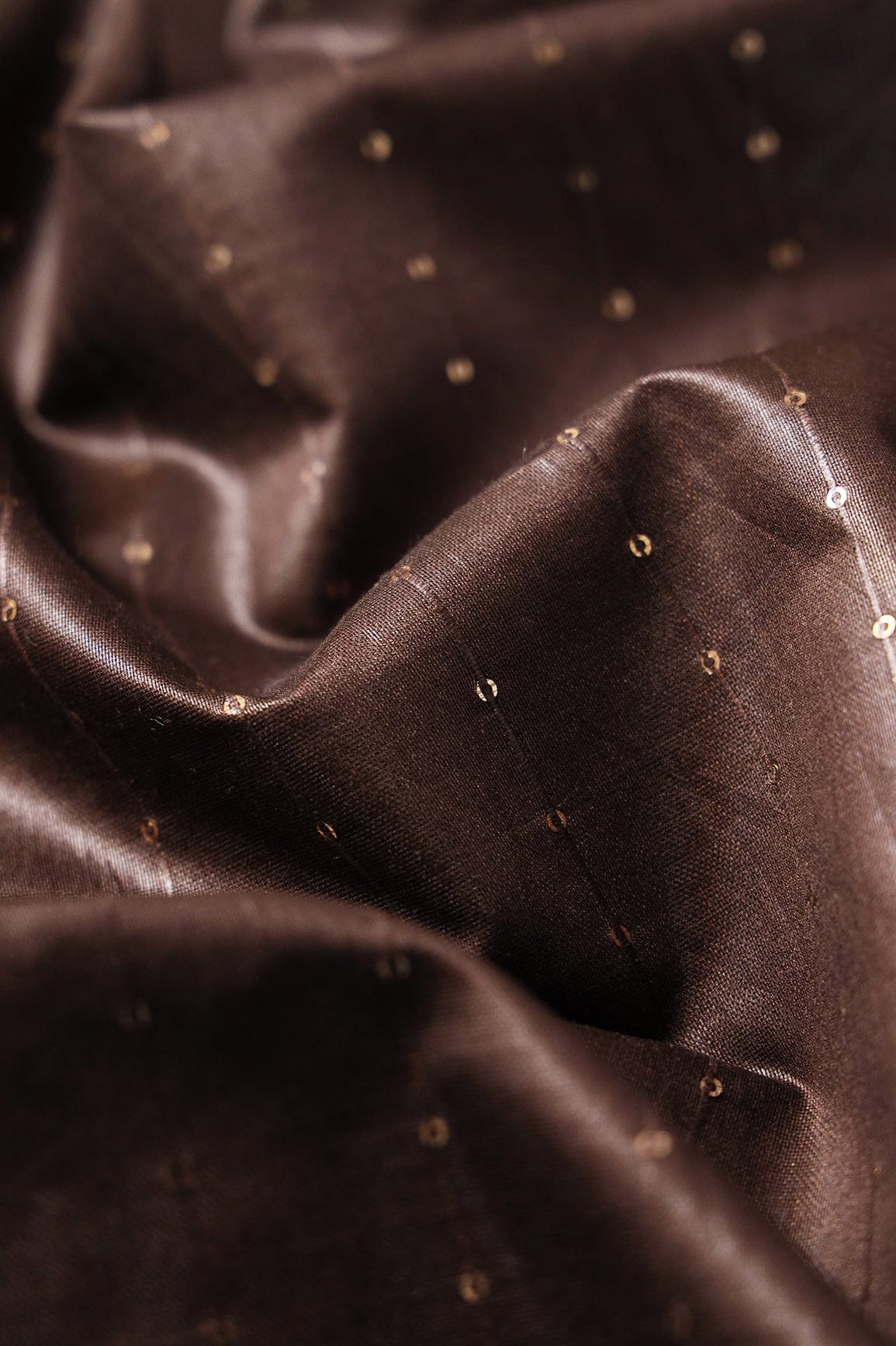 doeraa Embroidery Fabrics Beautiful Dark Brown Thread With Gold Sequins Stripes Embroidery On Dark Brown Viscose Chanderi Silk Fabric