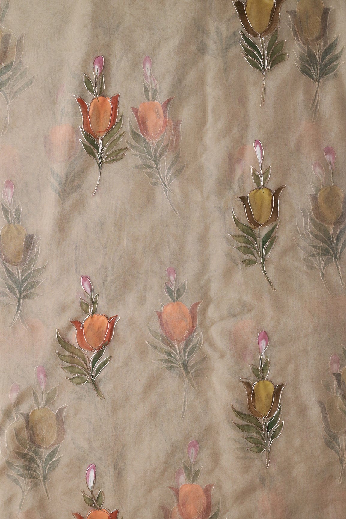 doeraa Embroidery Fabrics Beautiful Floral Hand Painted With Embroidery Work On Light Beige Organza Fabric