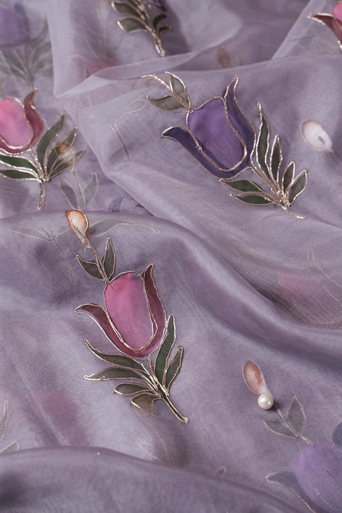 doeraa Embroidery Fabrics Beautiful Floral Hand Painted With Embroidery Work On Lilac Purple Organza Fabric
