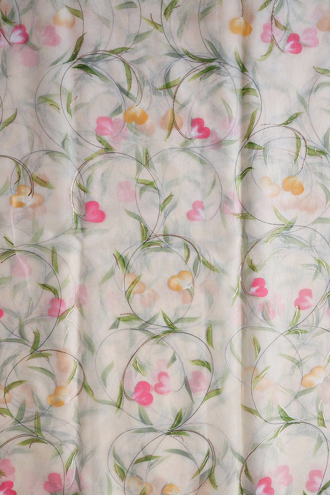 doeraa Embroidery Fabrics Beautiful Floral Hand Painted With Foil Work On Cream Organza Fabric
