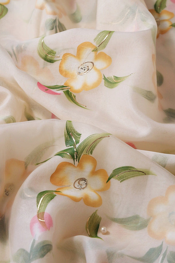 doeraa Embroidery Fabrics Beautiful Floral Hand Painted With Foil Work On Cream Organza Fabric