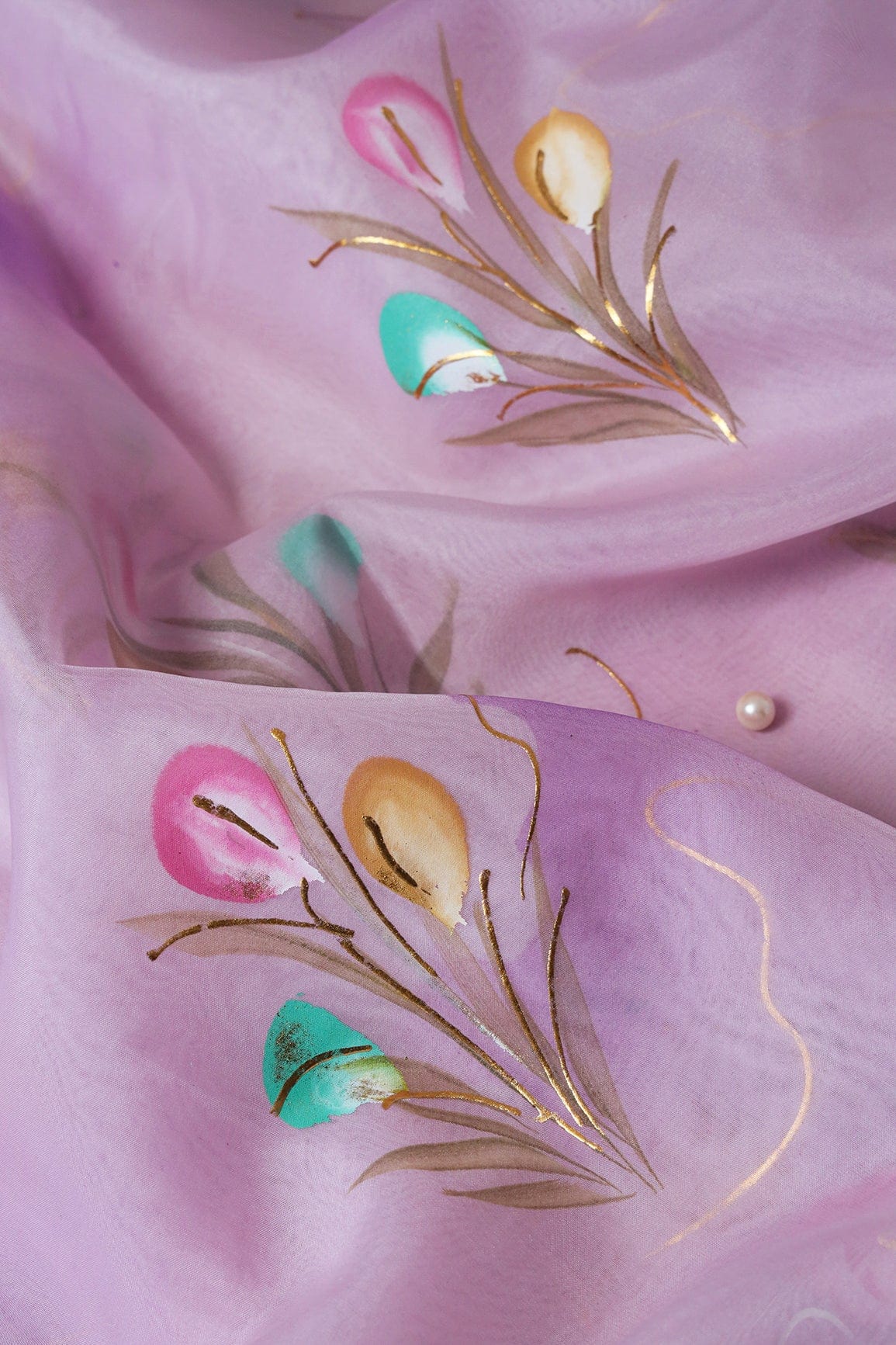 doeraa Embroidery Fabrics Beautiful Floral Hand Painted With Foil Work On Lavender Organza Fabric