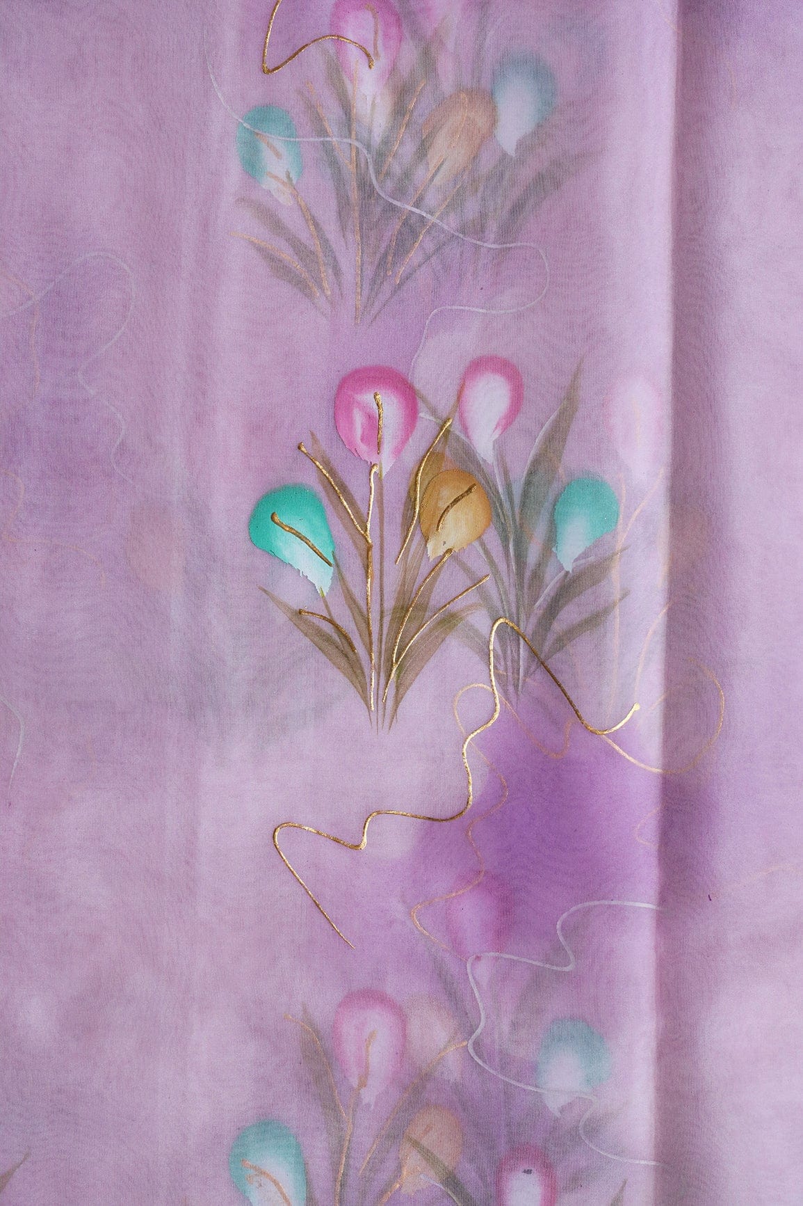doeraa Embroidery Fabrics Beautiful Floral Hand Painted With Foil Work On Lavender Organza Fabric