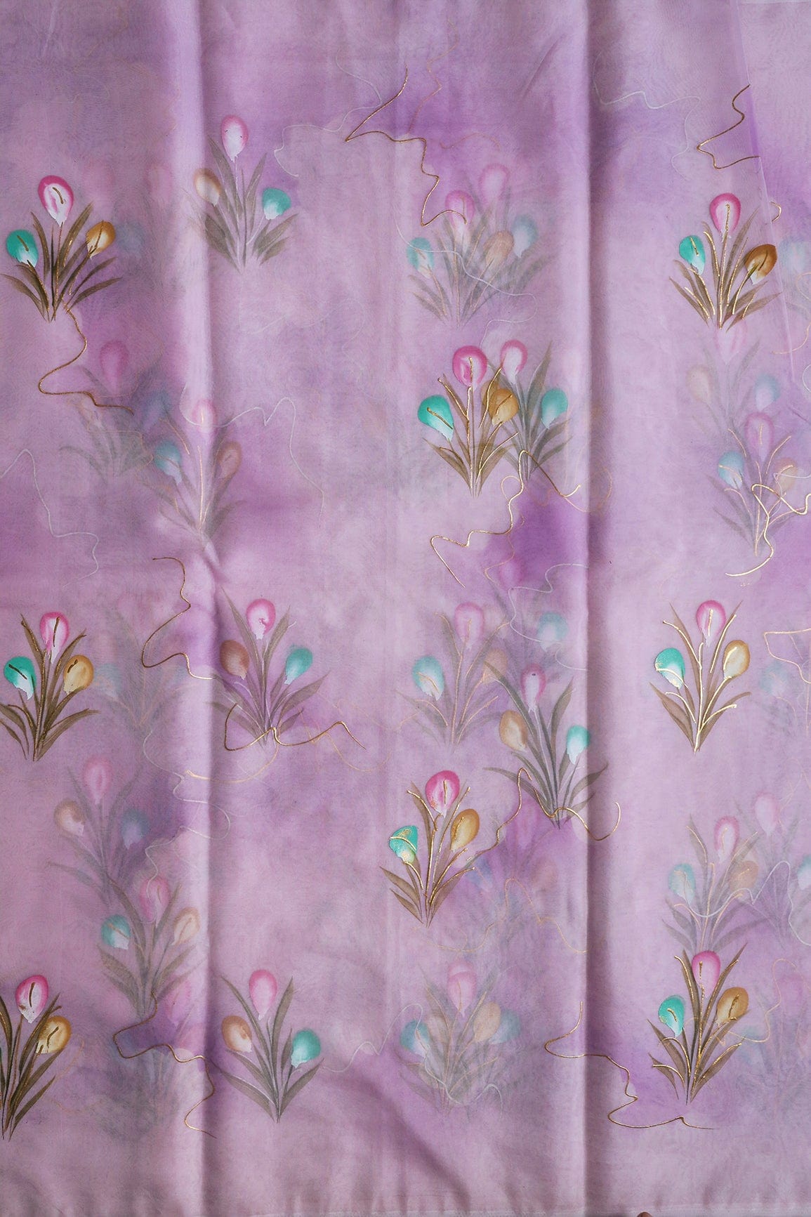 doeraa Embroidery Fabrics Beautiful Floral Hand Painted With Foil Work On Lavender Organza Fabric