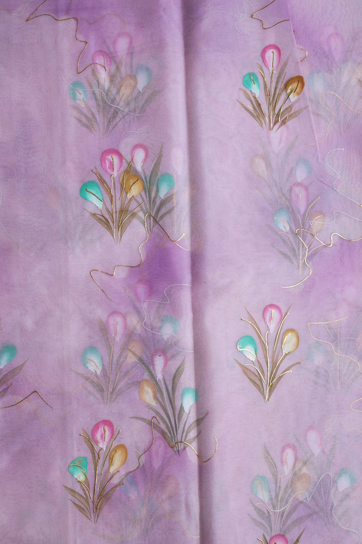 doeraa Embroidery Fabrics Beautiful Floral Hand Painted With Foil Work On Lavender Organza Fabric