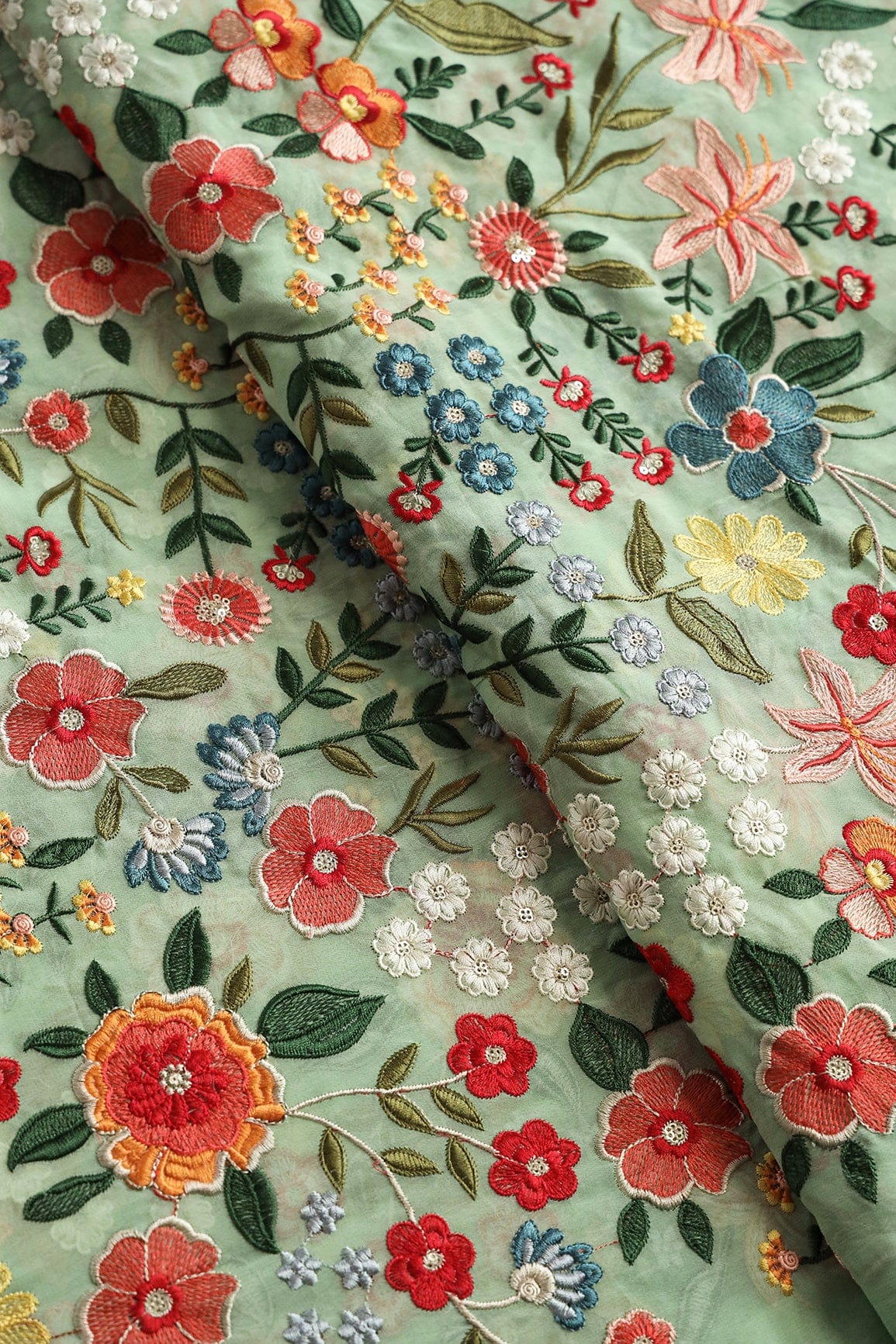 doeraa Embroidery Fabrics Beautiful Floral Heavy Embroidery On Olive Viscose Georgette Fabric