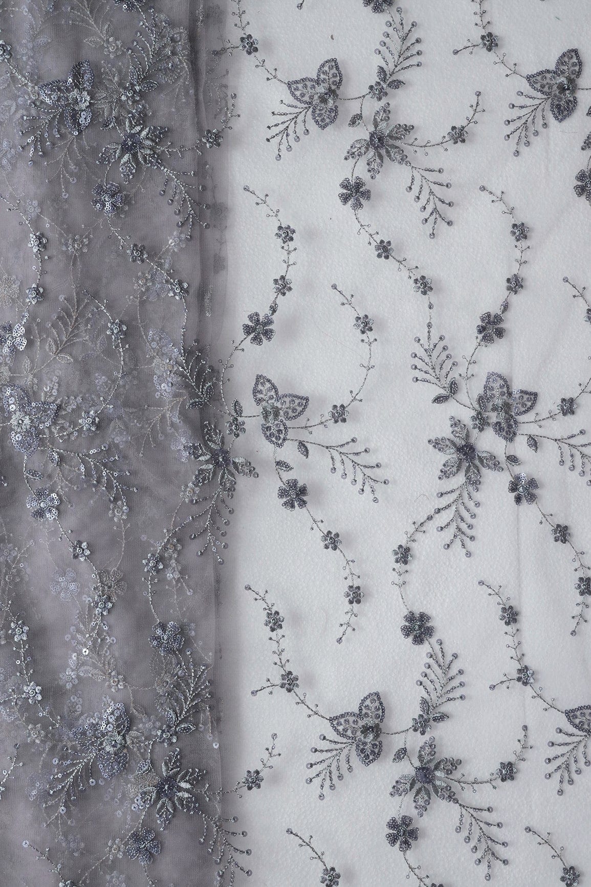 doeraa Embroidery Fabrics Beautiful Lavender Thread With Sequins Floral Embroidery Work On Lavender Soft Net Fabric