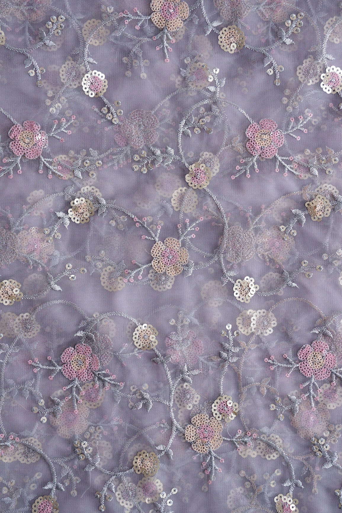 doeraa Embroidery Fabrics Beautiful Multi Color Sequins Floral Embroidery Work On Grey Soft Net Fabric