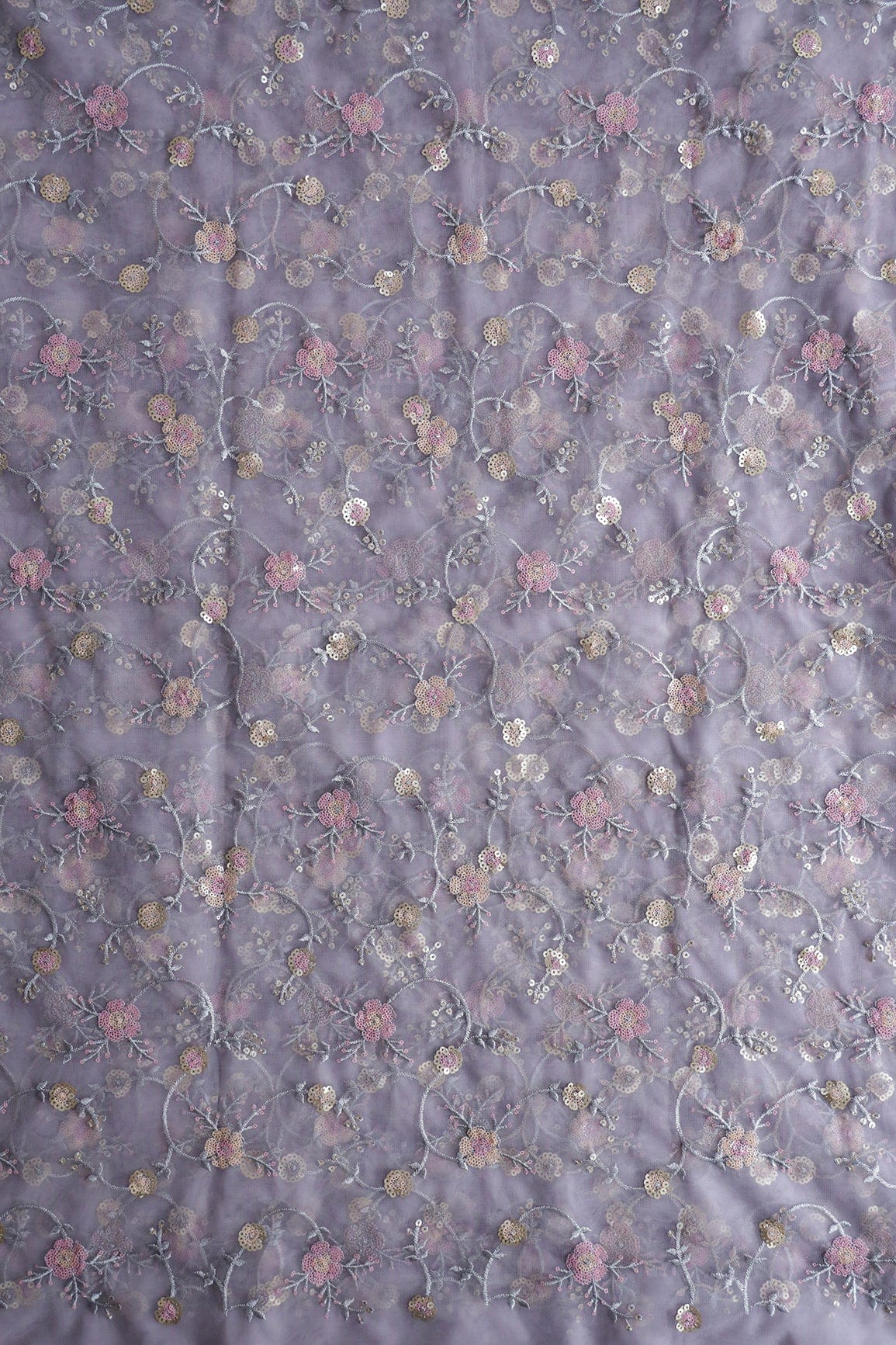 doeraa Embroidery Fabrics Beautiful Multi Color Sequins Floral Embroidery Work On Grey Soft Net Fabric