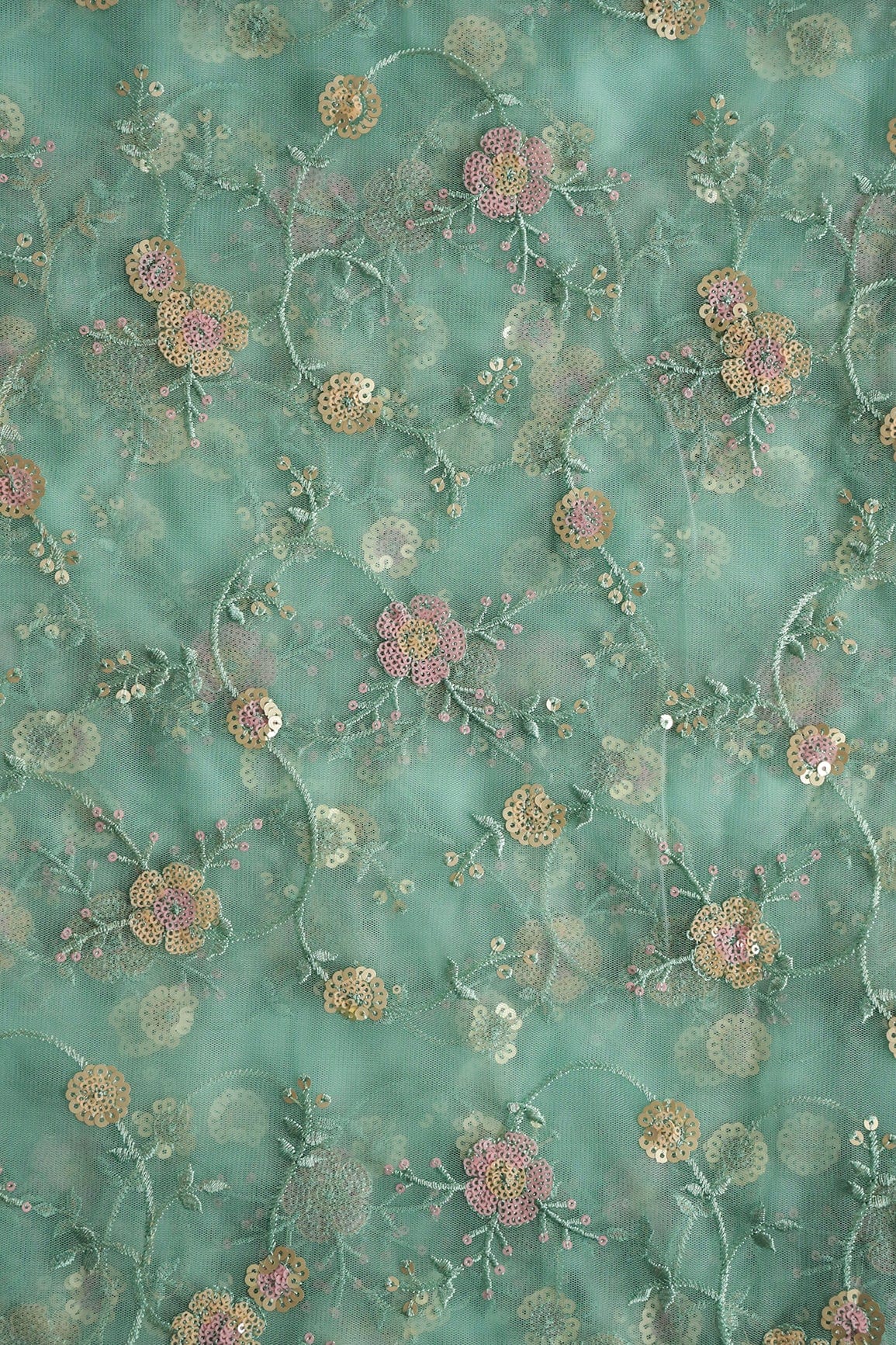 doeraa Embroidery Fabrics Beautiful Multi Color Sequins Floral Embroidery Work On Olive Soft Net Fabric