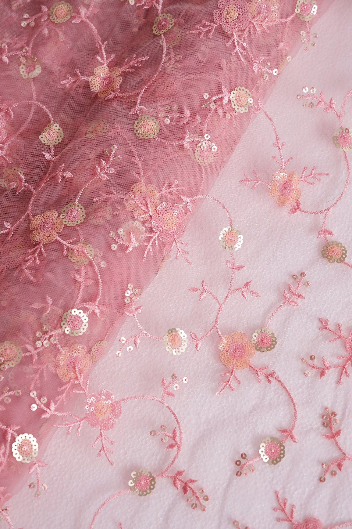 doeraa Embroidery Fabrics Beautiful Multi Color Sequins Floral Embroidery Work On Pink Soft Net Fabric
