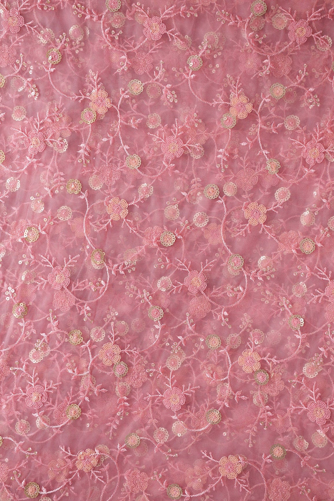 doeraa Embroidery Fabrics Beautiful Multi Color Sequins Floral Embroidery Work On Pink Soft Net Fabric