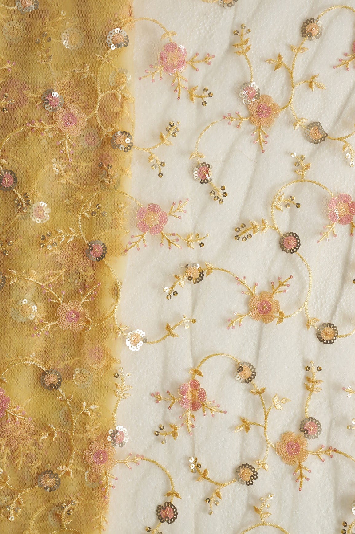 doeraa Embroidery Fabrics Beautiful Multi Color Sequins Floral Embroidery Work On Yellow Soft Net Fabric
