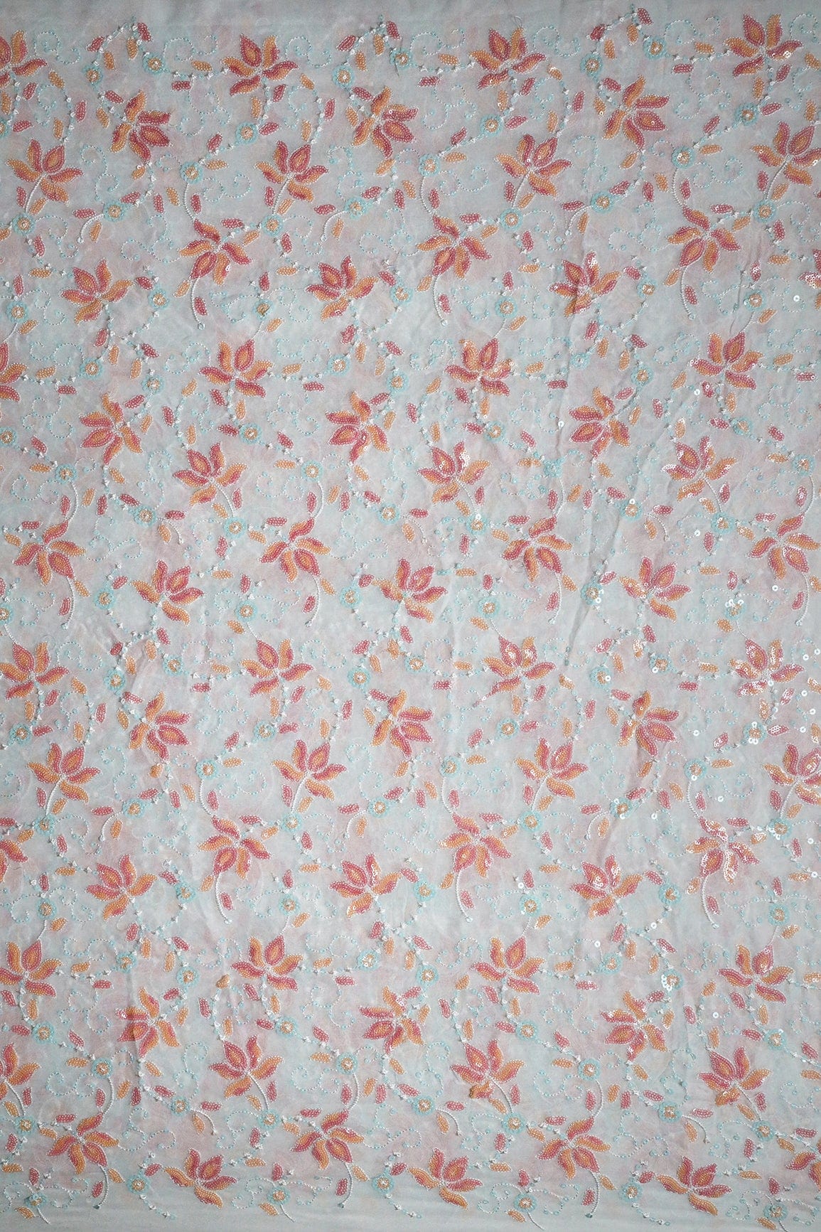 doeraa Embroidery Fabrics Beautiful Multi Color Sequins With Thread Floral Embroidery On White Dyeable Viscose Georgette Fabric