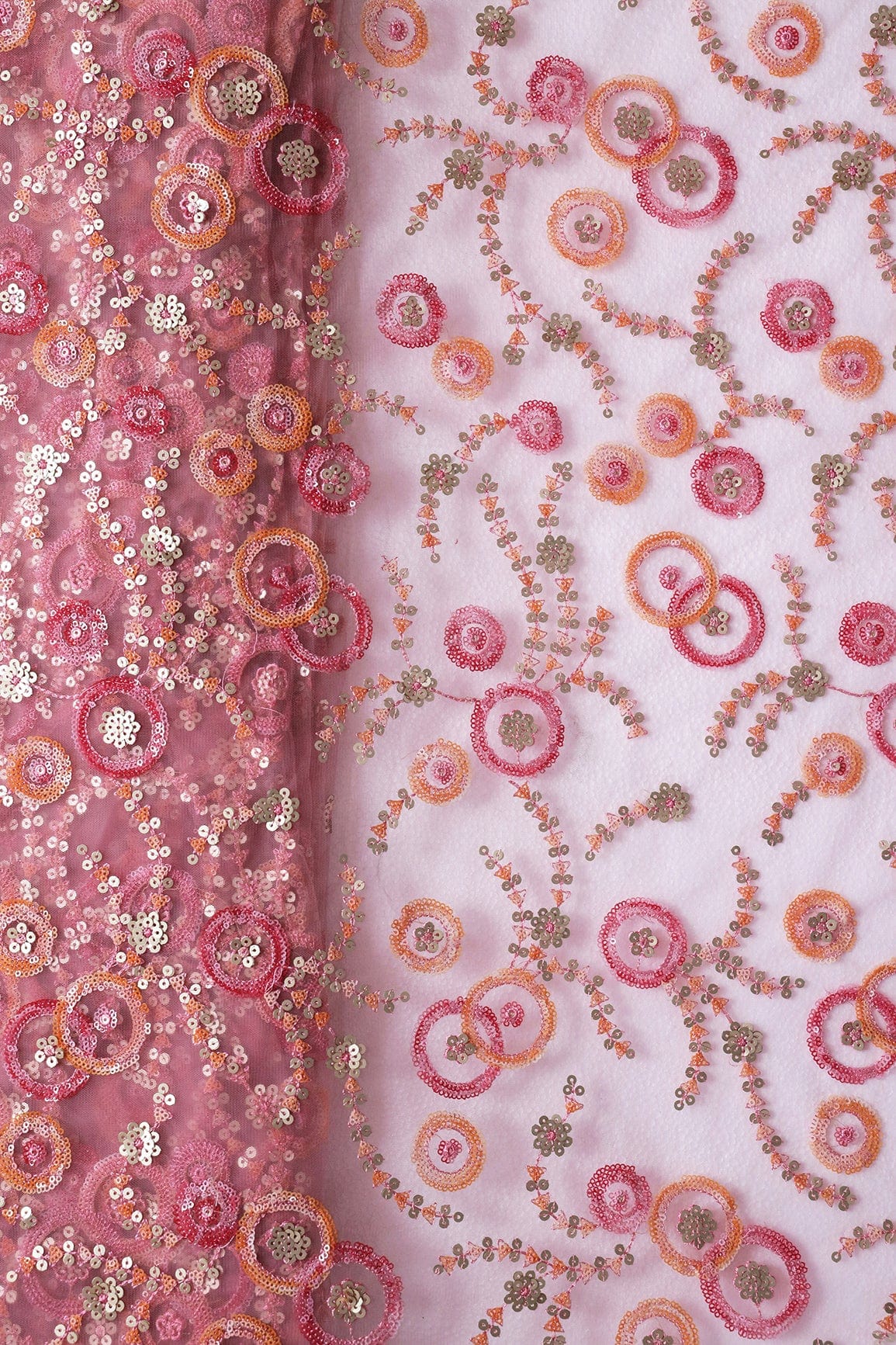 doeraa Embroidery Fabrics Beautiful Multi Sequins Geometric Embroidery Work On Pink Soft Net Fabric