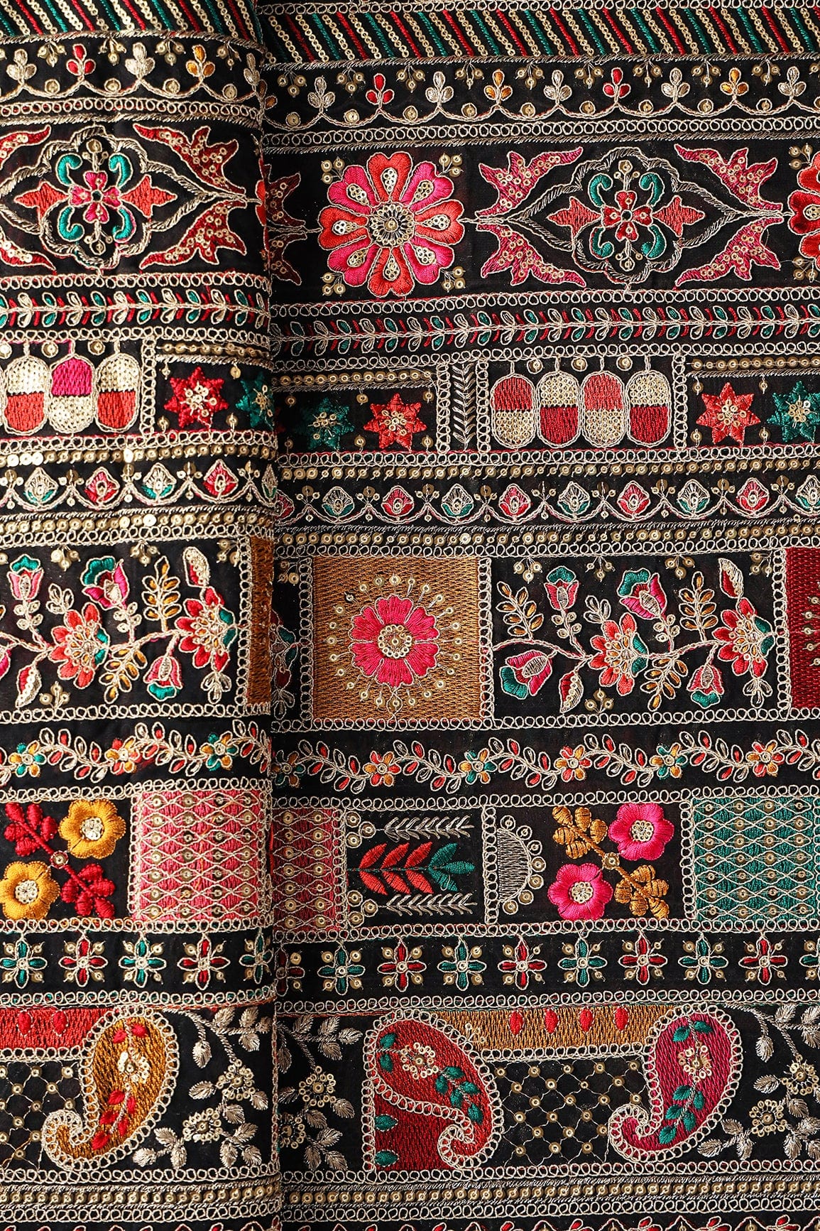 doeraa Embroidery Fabrics Beautiful Multi Thread With Sequins And Zari Heavy Traditional Embroidery On Black Viscose Georgette Fabric
