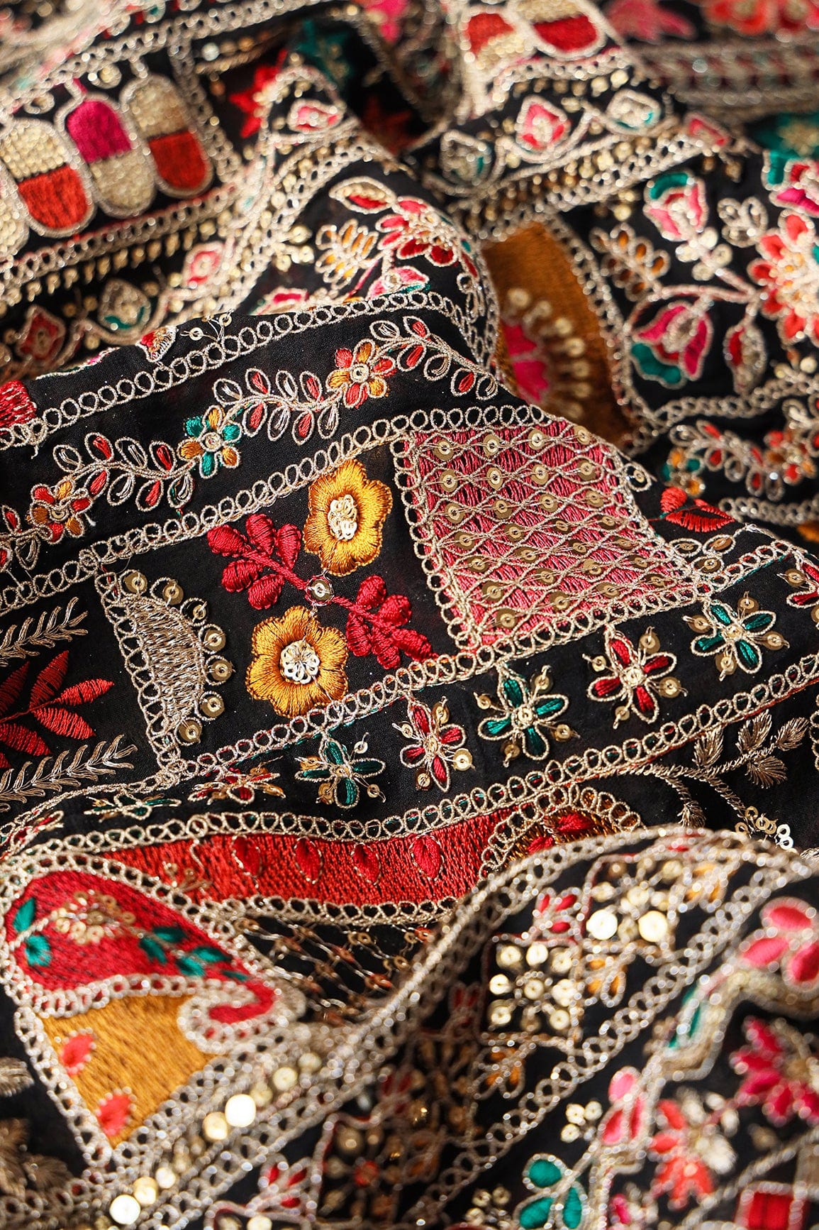 doeraa Embroidery Fabrics Beautiful Multi Thread With Sequins And Zari Heavy Traditional Embroidery On Black Viscose Georgette Fabric