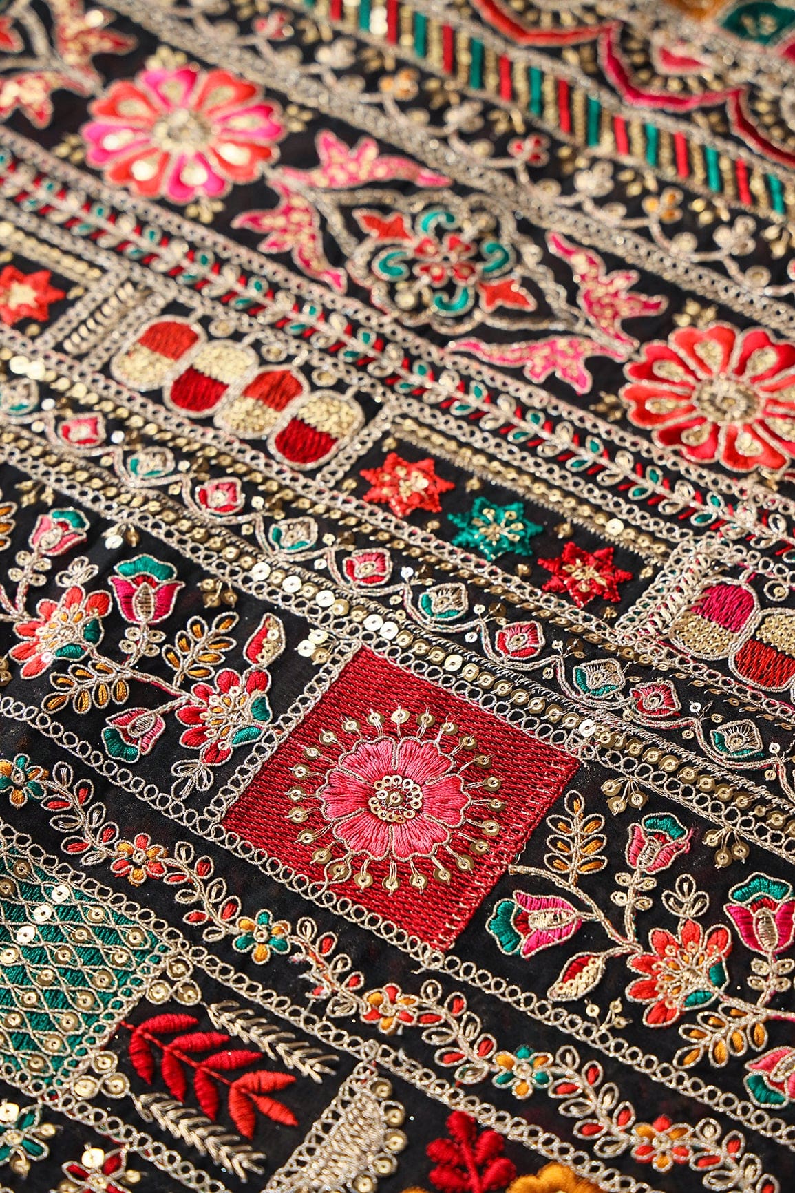 doeraa Embroidery Fabrics Beautiful Multi Thread With Sequins And Zari Heavy Traditional Embroidery On Black Viscose Georgette Fabric