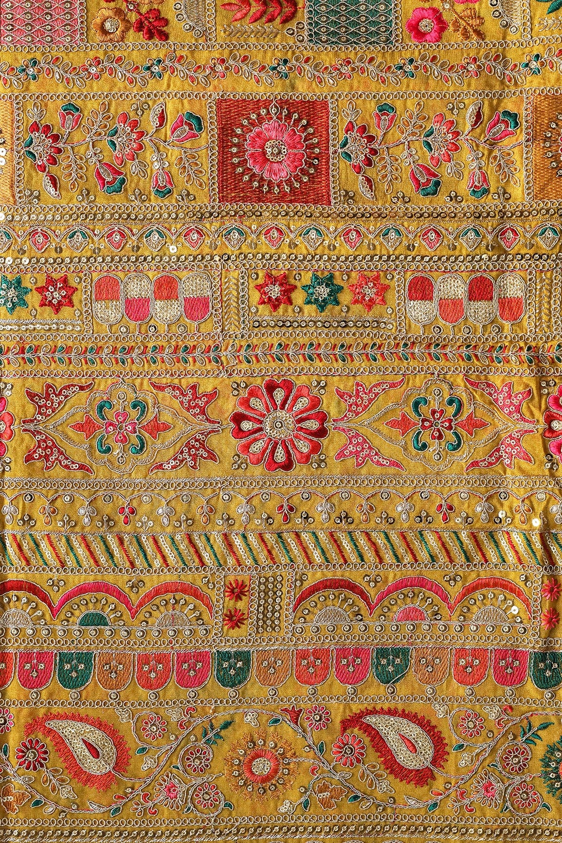 doeraa Embroidery Fabrics Beautiful Multi Thread With Sequins And Zari Heavy Traditional Embroidery On Mustard Viscose Georgette Fabric
